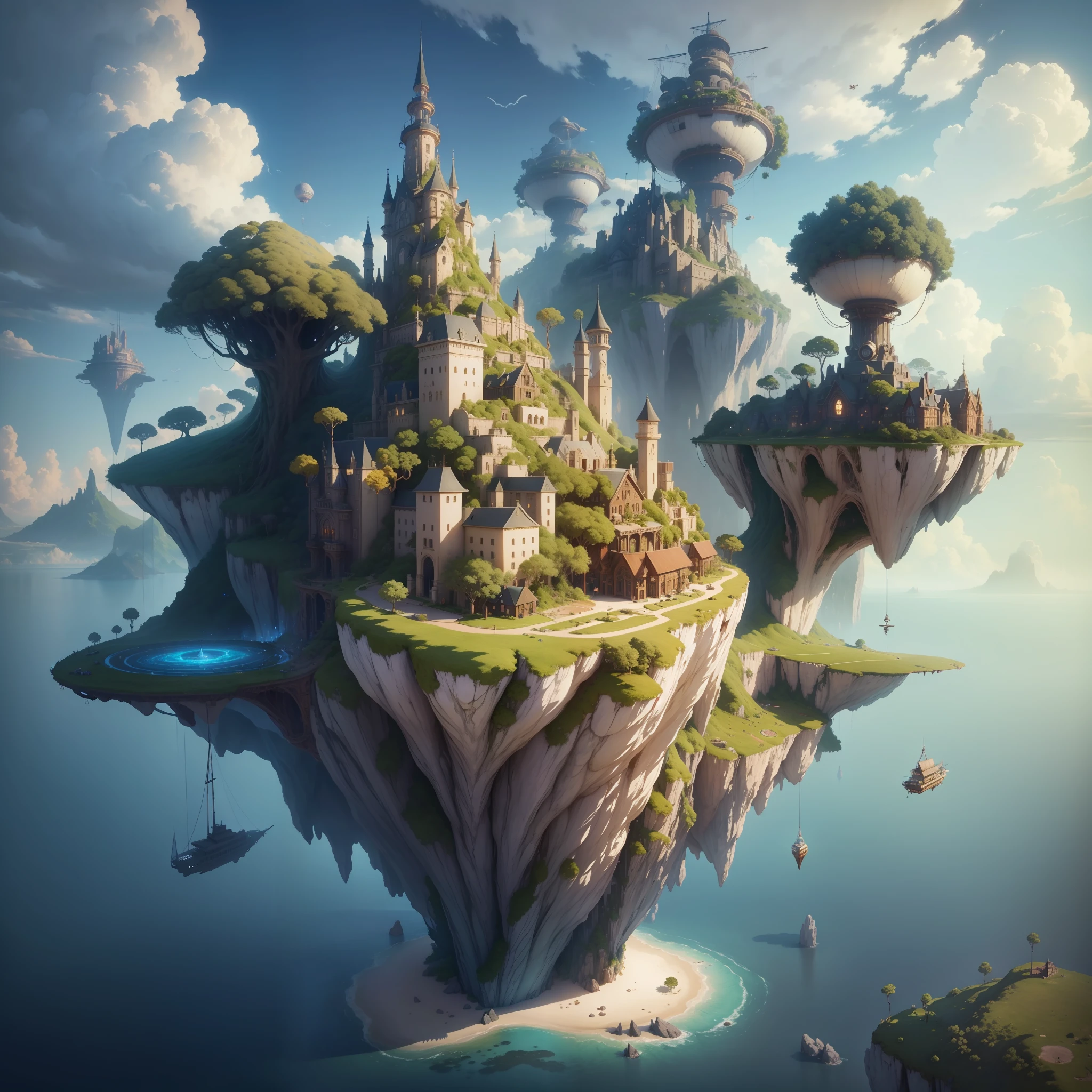 Many islands are suspended in the air with many small airships flying around, cities, fantasy, magical plants growing, extreme details, realistic light, epic composition, (complex details), (complex design, ultra-details :1.2), Art Station, (Masterpiece, Best Quality), Ultra HD, 32k --v 6