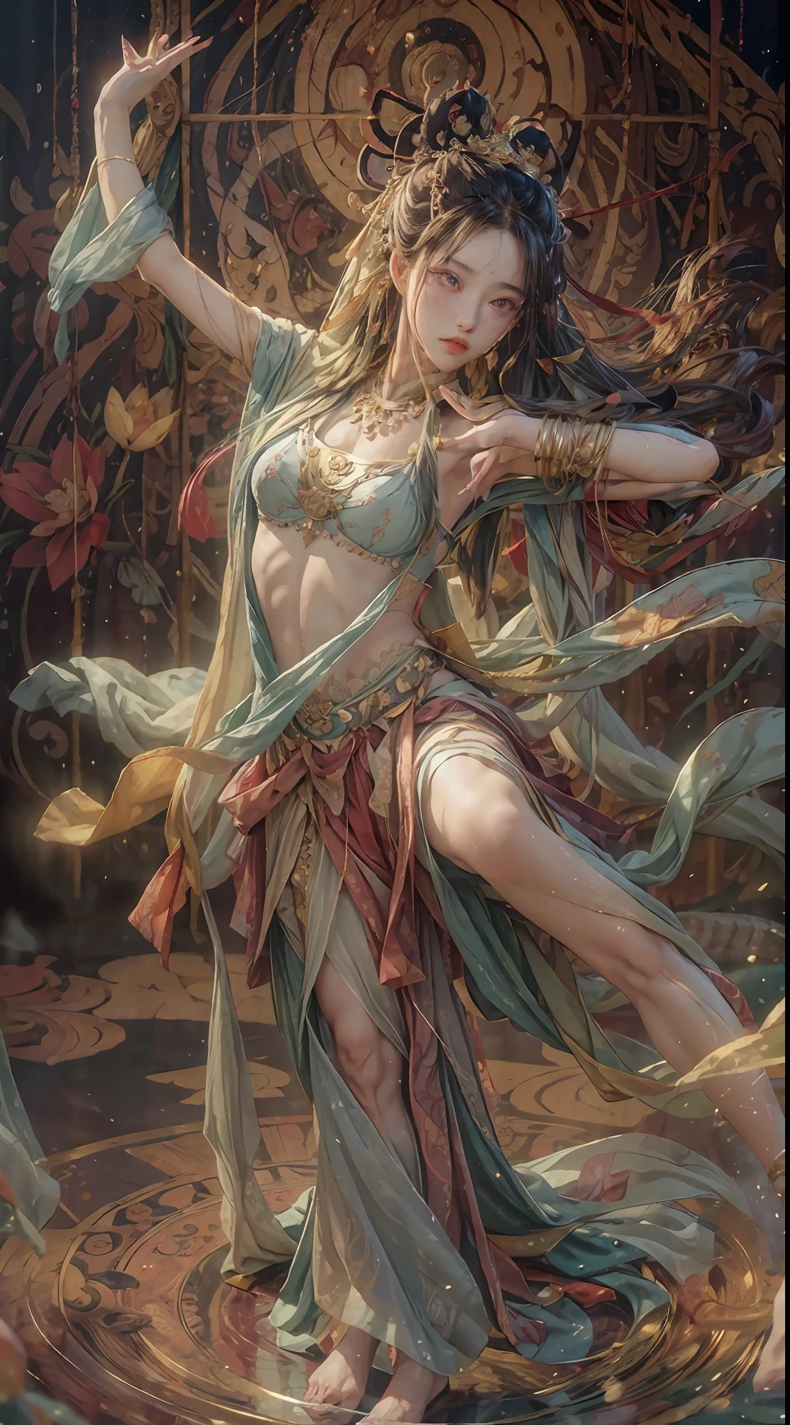 (RAW photo, best quality), (realistic, photo-realistic:1.3),best quality,highly detailed,masterpiece,ultra-detailed,illustration,1girl, full body,dynamic angle,world masterpiece theater,messy_long_hair,best quality,extremely detailed CG unity 8k wallpaper,ink,Amazing,cinematic lighting,lens_flare, dunhuang_style,dance pose,ballet movement,Lotus flower,Lotus flower pool,