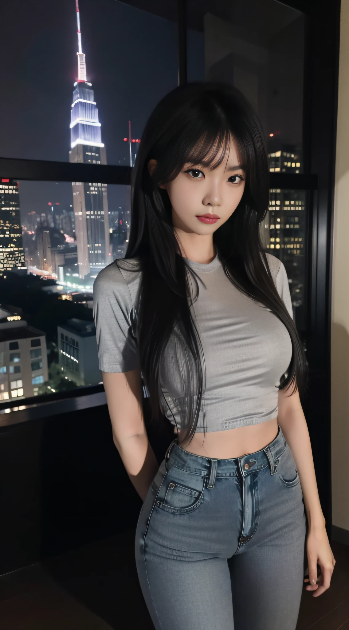 A Chinese woman on the rooftop of the top floor of a tall building at night,fluffy hair,Delicate face,Vivid,Real girls,Slim,large aperture,Sexy shots,attractive pose,Instagram model,Wears black jeans and a gray top,Skinny jeans,trousers,Cropped shirt,Open navel,short sleeve,Gray shirt,Tight shirt,black jeans,Gray top,