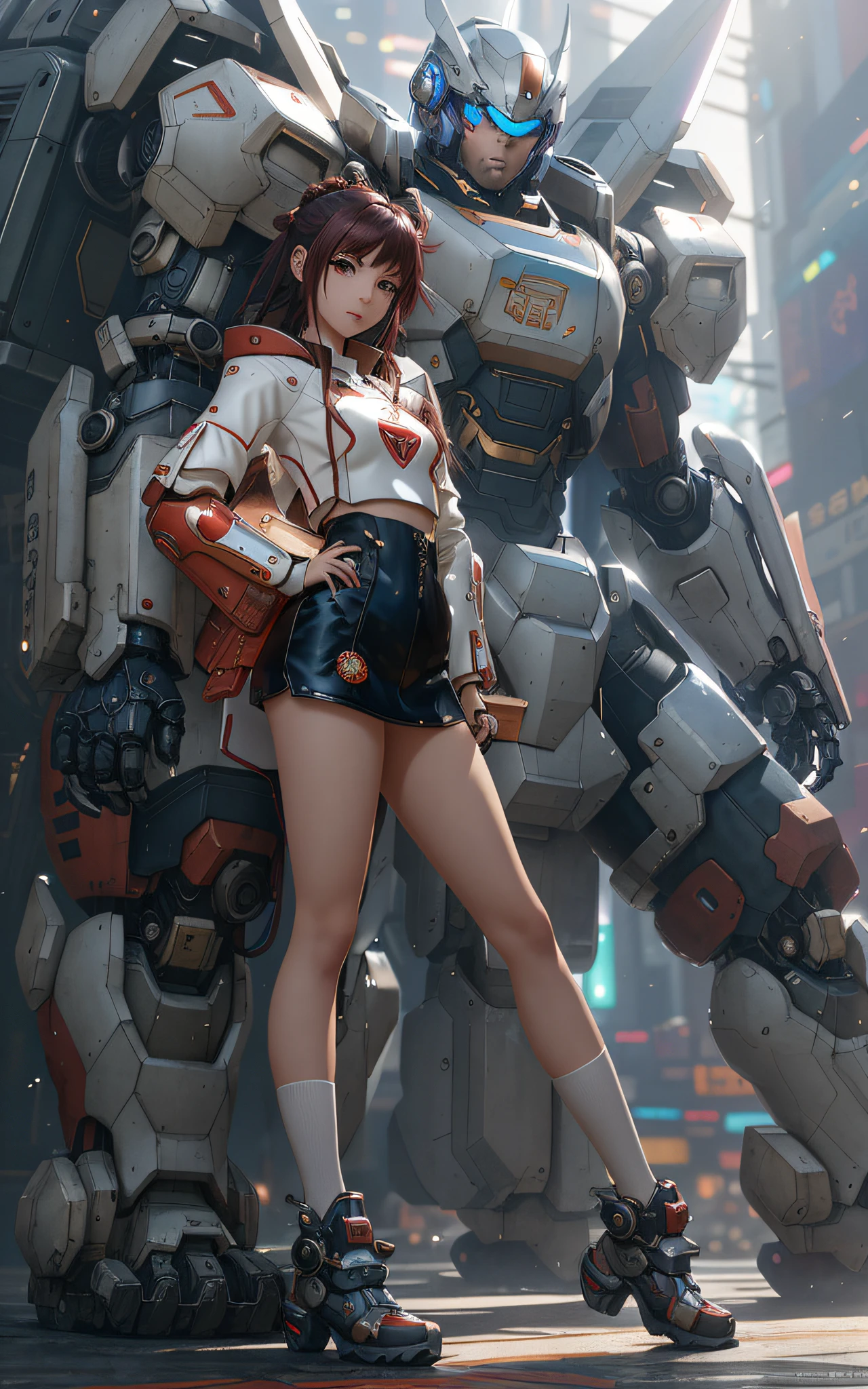 Cute girl from anime in red armor standing next to a giant robot、Guweiz style artwork、Girl mecha in cyberpunk anime、CGstation Trends、guweiz、By Russell Dongjun Lu、digital cyberpunk anime art、ros tran 8 k、Illustration of Guweiz on ArtStation - pixiv 、Girl in Mecha Cyber Armor