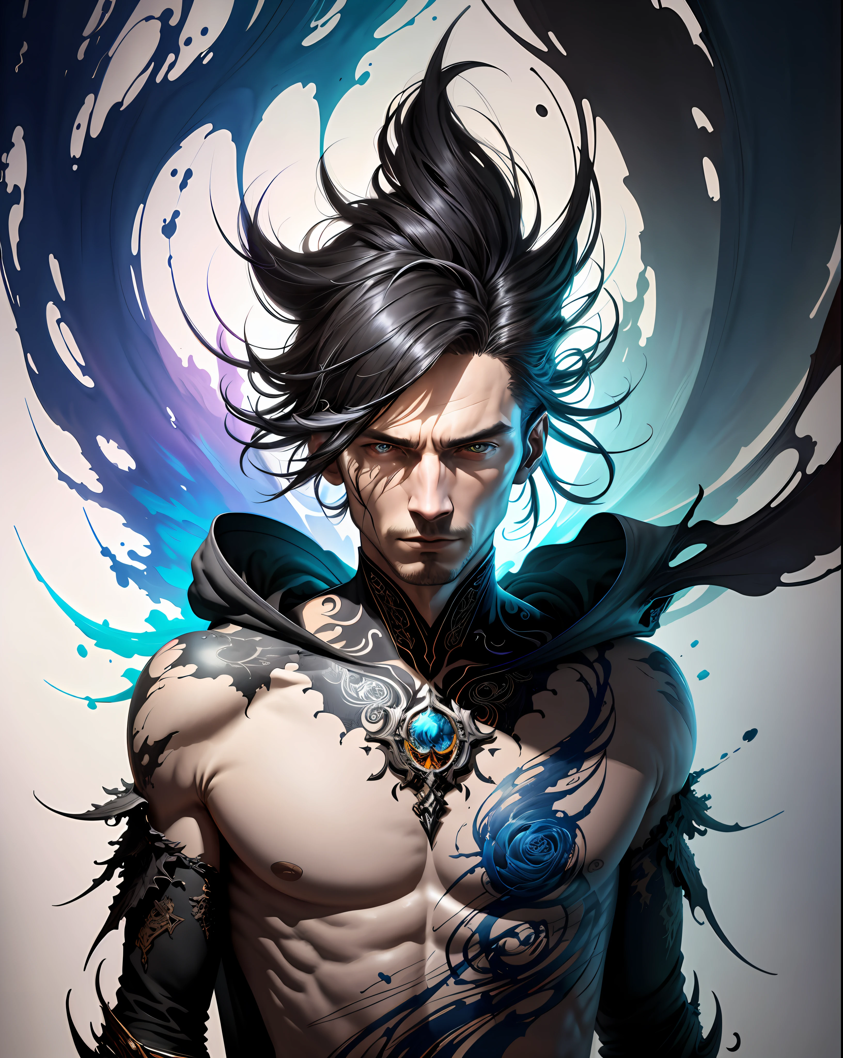Colorful man: Black ink flow: 8k resolution photorealistic masterpiece: by Aaron Horkey and Jeremy Mann: intricately detailed fluid gouache painting: by Jean Baptiste Mongue: calligraphy: acrylic: watercolor art, professional photography, natural lighting, volumetric lighting maximalist photoillustration: by marton bobzert: 8k resolution concept art intricately detailed, complex, elegant, expansive, fantastical