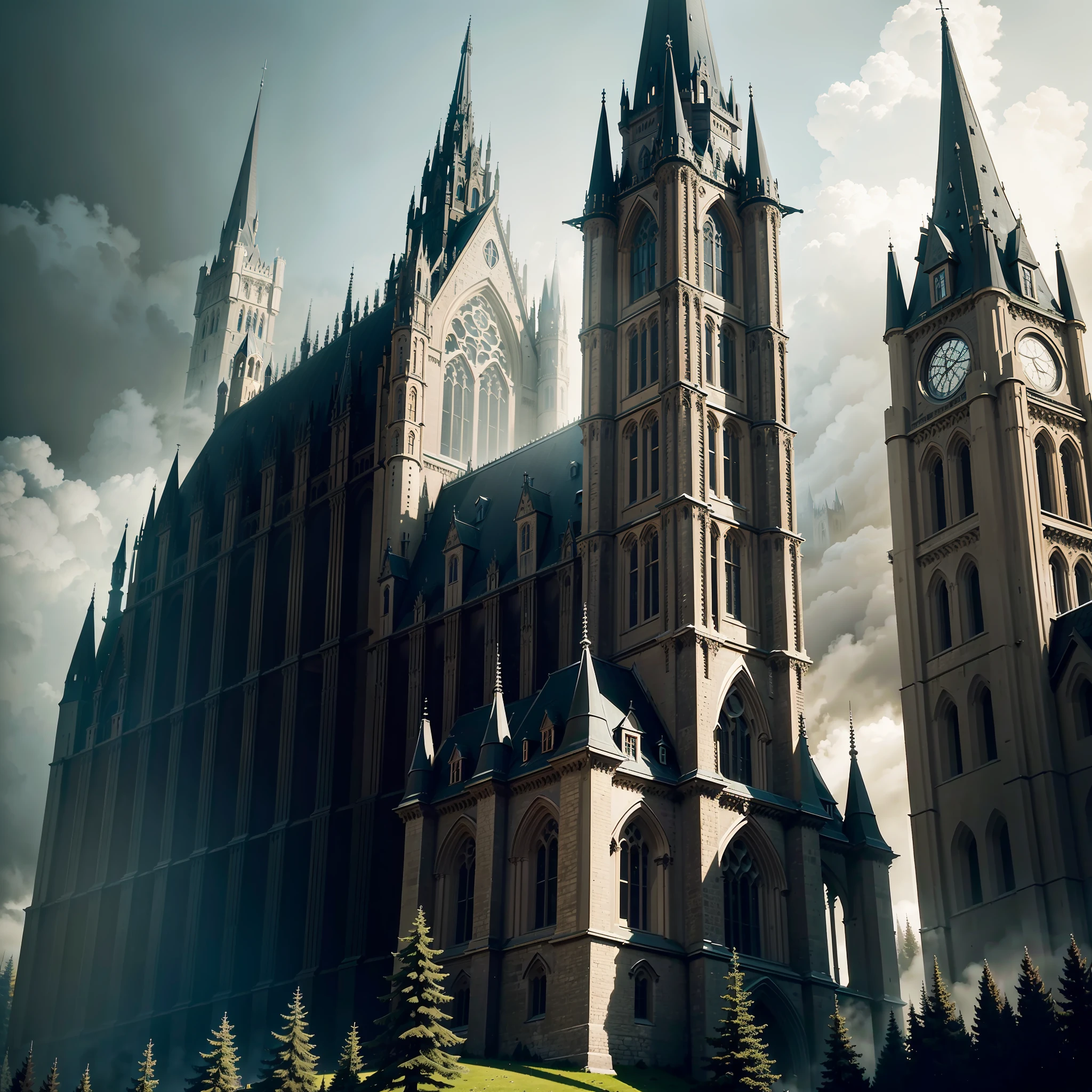 masterwork, Maximum granularity, Maximum clarity, Neo-Gothic architecture, Rational proportions, Logical proportionality, Maximum detail of the little things, Gothic castle on a hill, daytime, thick black clouds, dense spruce forest, mist, Without people, High smoothness, Style Exposure, Overhead view.