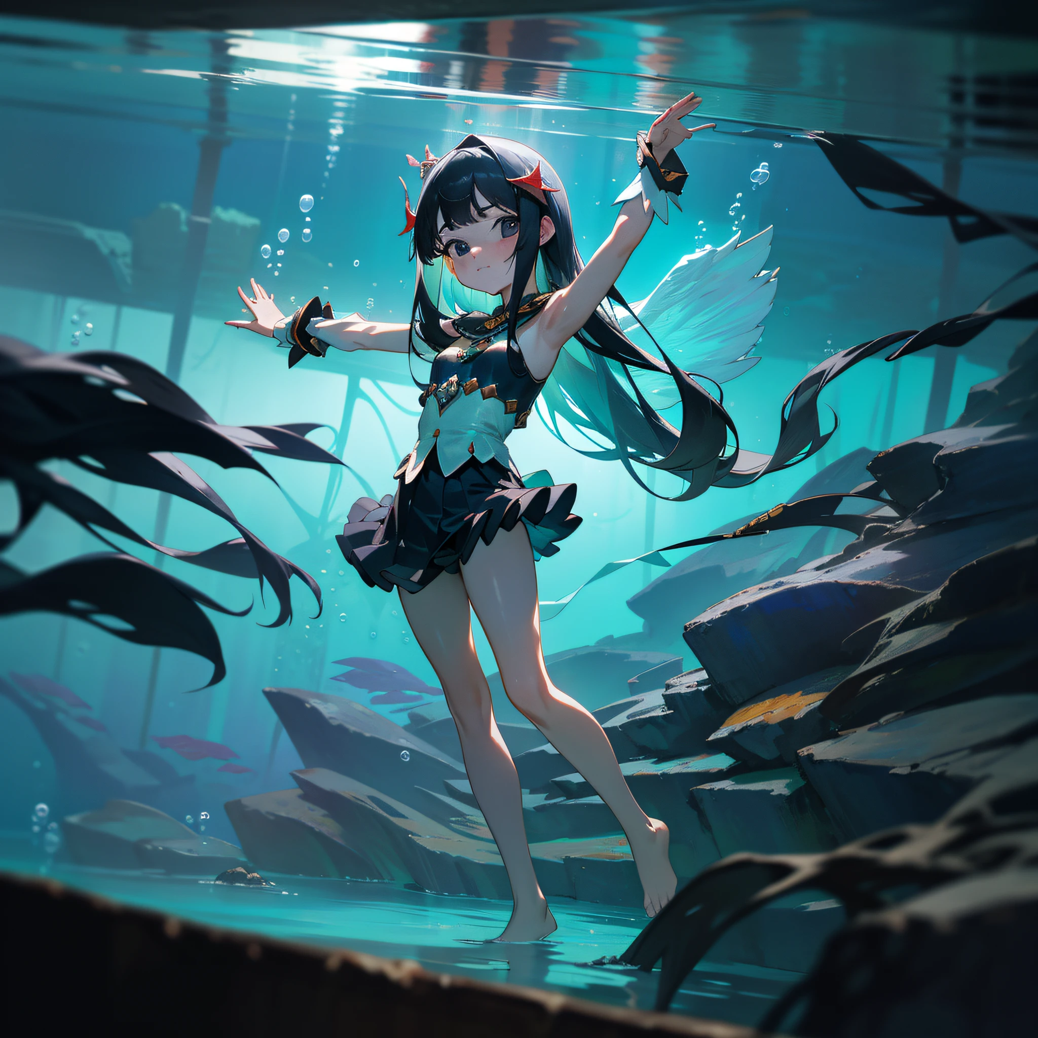 masterpiece, best quality, ultra-detail, photography, (photorealistic:1.2), dramatic angle, dramatic lighting, (depth of field:1.5), (ceiling:1.2), (bottom view:1.2), (deep blue tone:1.1), (underwater:1.5), deep sea, silver lighting, (landscape:1.5), (submerged ancient ruins:1.2),
■以下Region Prompt ControlのRegion1のプロンプト
full body, black long hair, (straight hair:1.5), detailed face, detailed black eyes, beautiful big eyes, (tareme:1.4), (loli:1.5), 14yo, (small breasts), light smile, lustrous skin, swim ware, (open arms for viewer:1.2), barefoot, nice hands, perfect hands, x:0.4 y:0.25 w:0.4 h:0.4
seed:1999400136