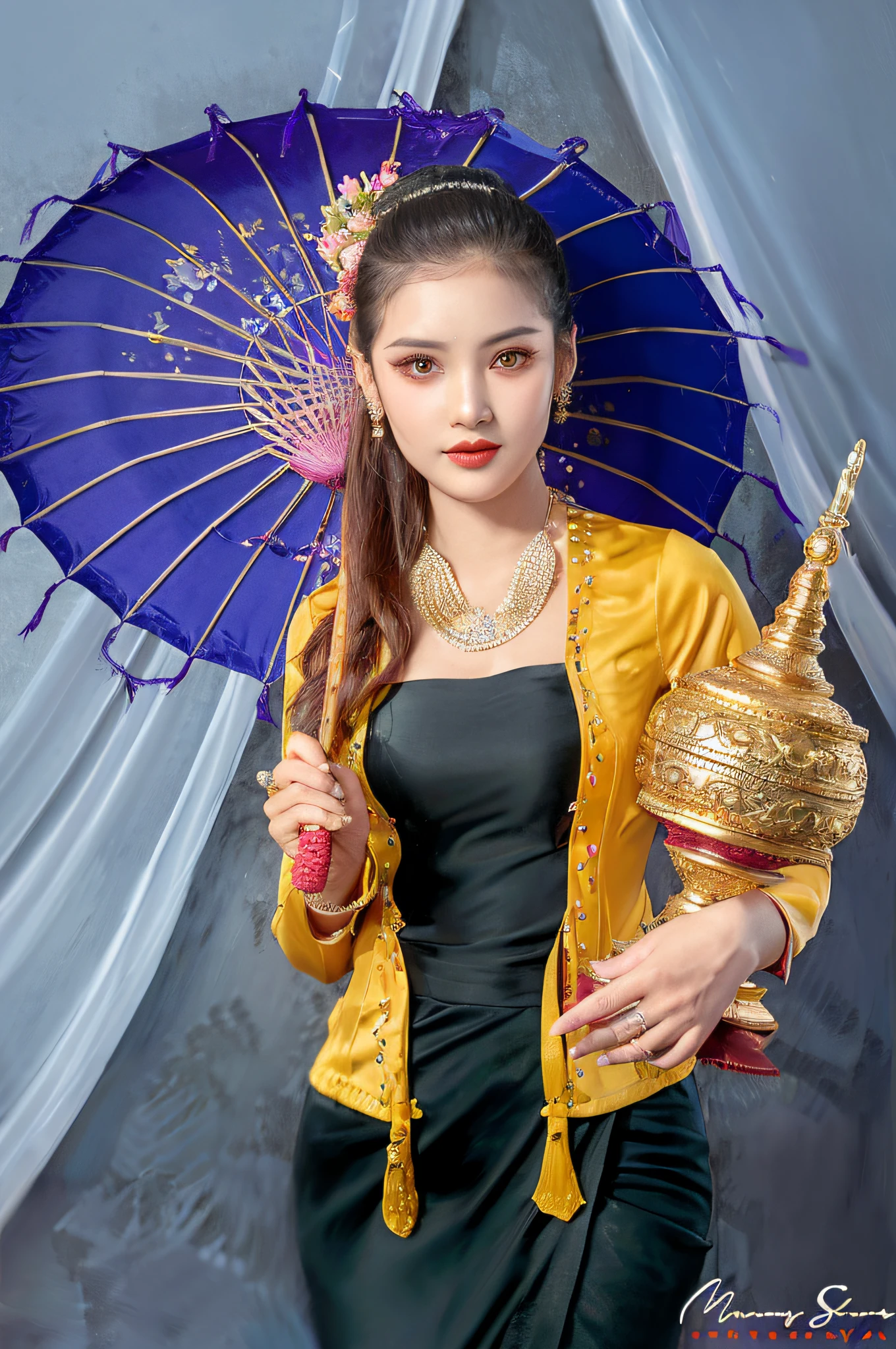 arafed woman in a black dress holding a purple umbrella, sukhothai costume, traditional beauty, south east asian with long, beautiful oriental woman, in style of thawan duchanee, traditional photography, modeling photography, nivanh chanthara, fashion model photography, a young asian woman, traditional, asian woman, young asian woman, traditional dress