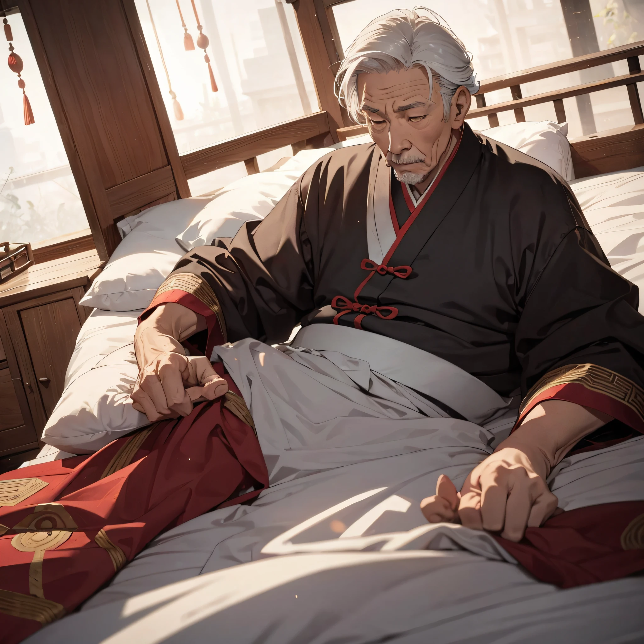 Ancient China，Older man lying in bed，feebly