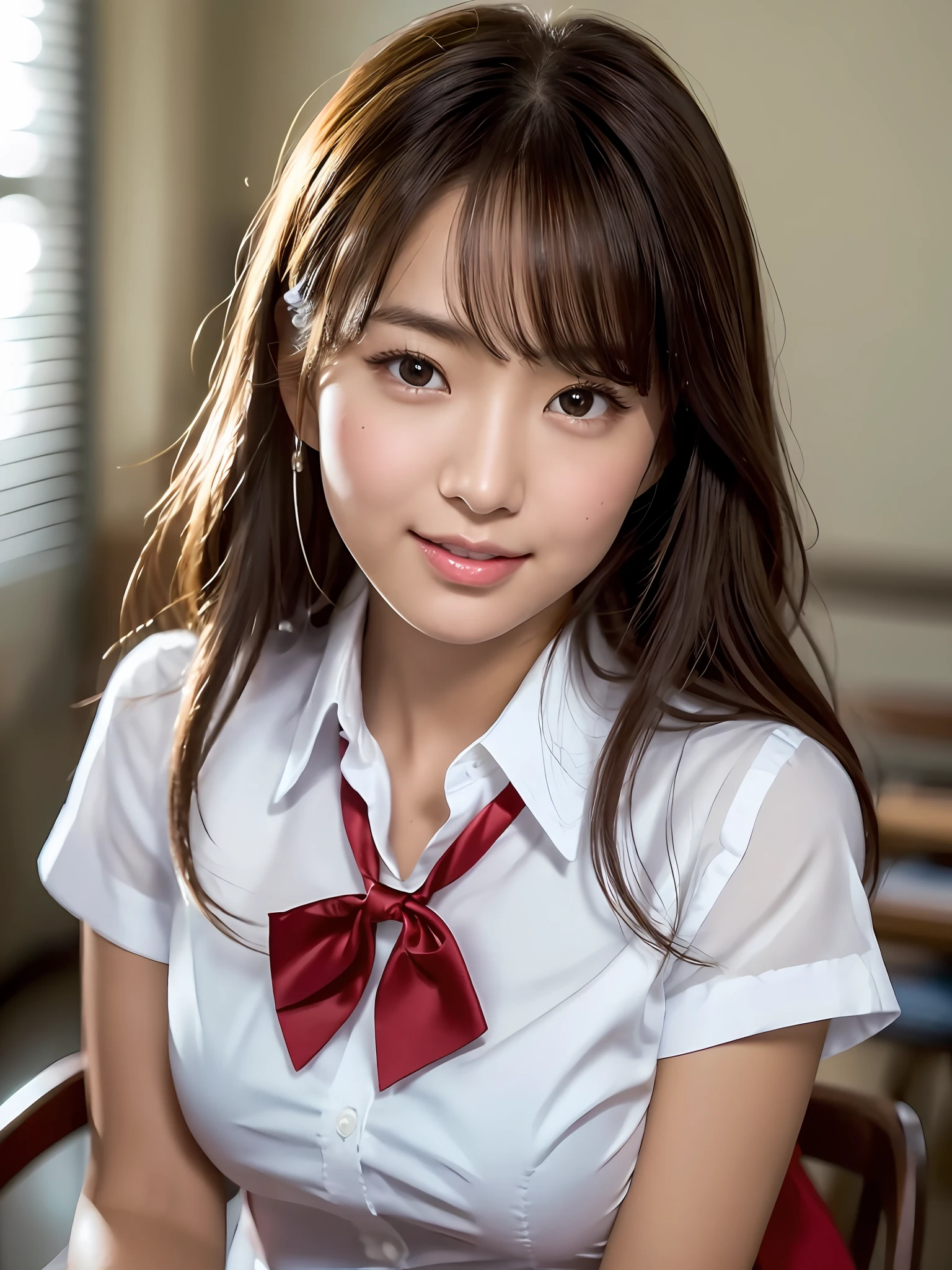 masterpiece, upper body shot, front view, a Japanese young pretty woman, sitting a chair and putting cheeks on cheeks with big smile, glamorous figure, wearing a short sleeves white collared shirt with shiny red satin plain bow tie, absolutely pretty face, glossy lips, double eyelids in both eyes, Natural makeup, long eyelashes, shiny smooth light brown hair of medium length, asymmetrical bangs, tanned skin, in the classroom, head frame, central image, 8K resolution, high detail, detailed hairstyle, Detailed Face, spectacular cinematic lighting, octane rendering, vibrant, hyper realistic, perfect limbs, perfect anatomy