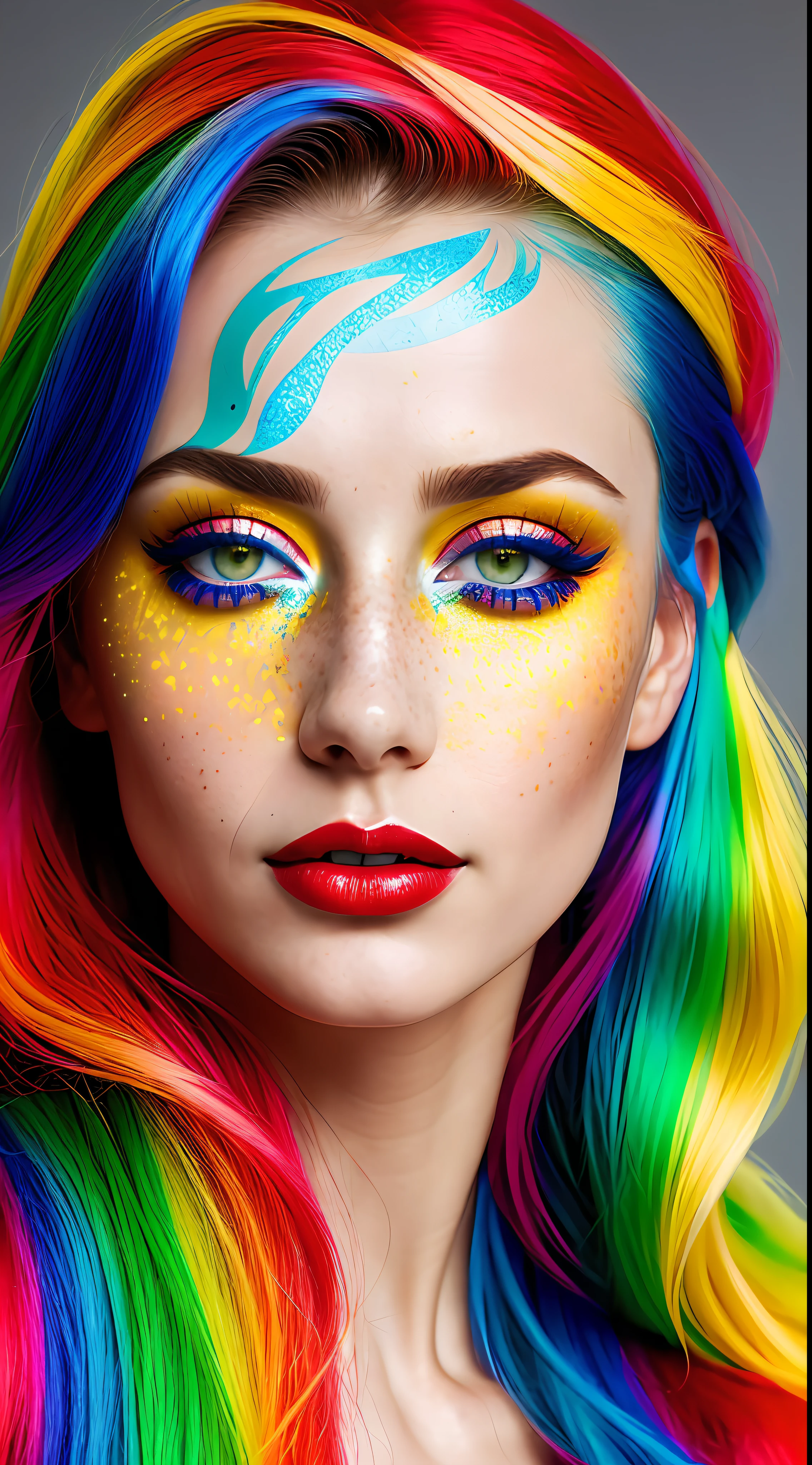 beautiful russian lady, freckles, brilliant glitter makeup, (red and blue and yellow and green and vitiligo skin: 1.5), perfect sexy breasts, hyperdetailed photography, soft light, head and breast portrait, cover,, best quality, (detailed beautiful face, detail skin texture, ultra-detailed body:1.1)