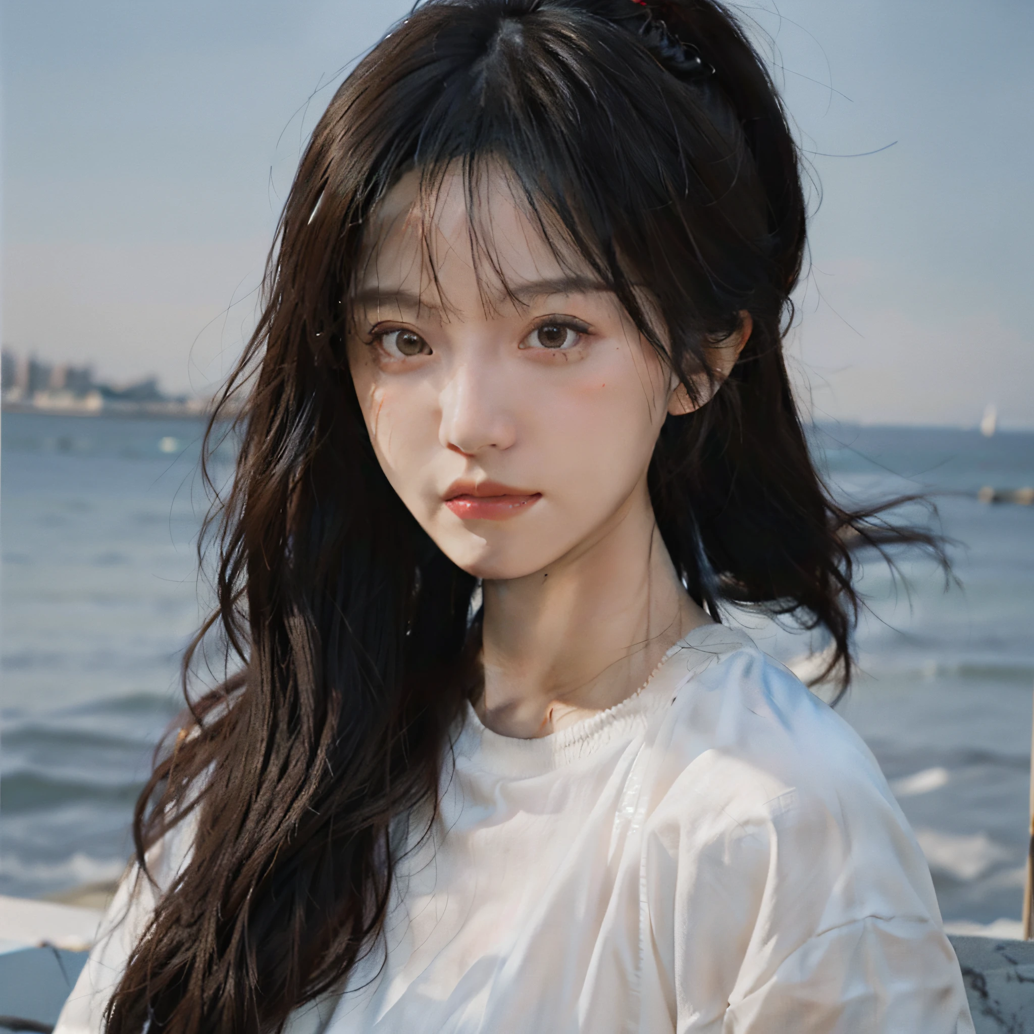 Temperament girl, delicate facial features, bangs, brown ponytail, messy hair, hair is very realistic, wearing a white shirt with short sleeves, the background is the sky, sea view, Du Qiong, exquisite makeup, light red lips, big eyes, double eyelids, black holes, bright eyes, symmetrical face, face is very real, meticulously portrayed the girl's face, blush, super high appearance, looking at the audience, very realistic skin, skin oil reflection, artwork, clothes with real fabric texture, realistic painting, film style, Photography level, ray tracing, realistic light and shadow effects, realism, masterpiece, just like the top photography effect, 8K
