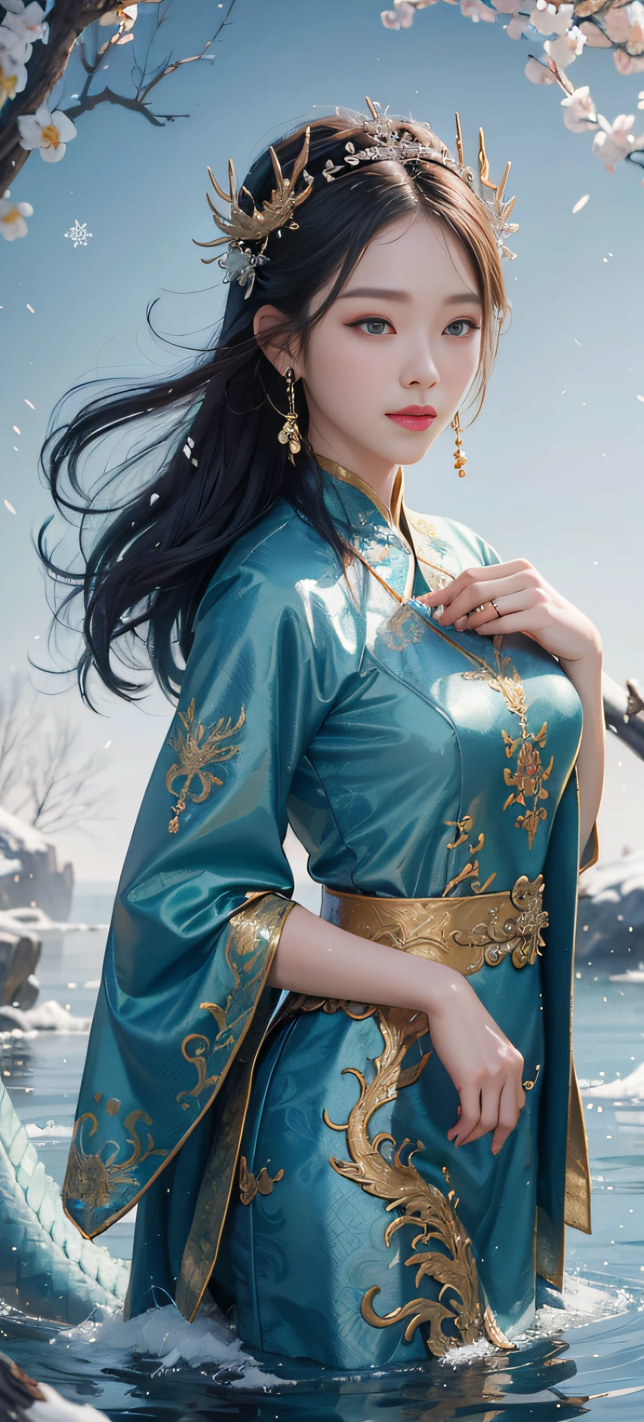 1 girl Girl's masterpiece, high cold Korean makeup, Seductive Korean faces,temperament,smiled,The perfect combination of water and dragon,Falling snowflakes with flowers, The dragon, and various intricate embellishments,There are luxurious accessories and gorgeous and intricate Xiuhe costumes,A tight face with a tall nose and a tall figure,The picture is real, mixed with conceptual art, Antique and modern are a perfect combination, the picture is dazzling,surround,Radiant,Cumbersome concept art,8K picture quality, best quality and most detailed composition