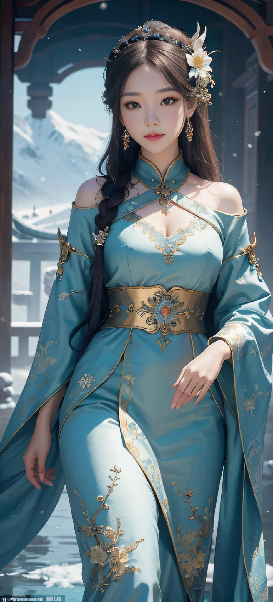 1 girl Girl's masterpiece, high cold Korean makeup, Seductive Korean faces，temperament，smiled，The perfect combination of water and dragon,Falling snowflakes with flowers, The dragon, and various intricate embellishments，There are luxurious accessories and gorgeous and intricate Xiuhe costumes，A tight face with a tall nose and a tall figure，The picture is real, mixed with conceptual art, Antique and modern are a perfect combination, the picture is dazzling，surround，Radiant，Cumbersome concept art，8K picture quality, best quality and most detailed composition