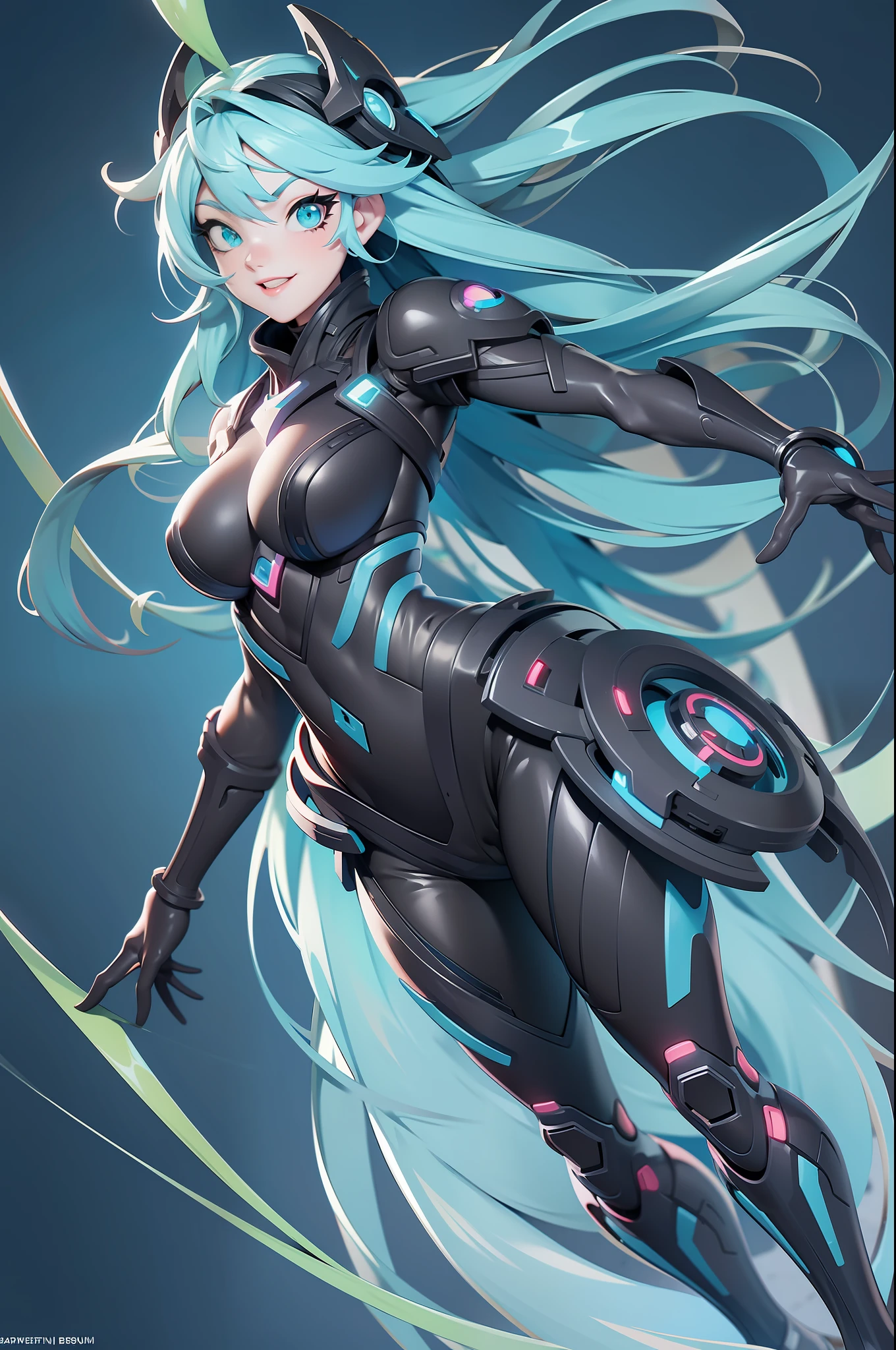 full body picture Unreal Engine 5 8K UHD of a beautiful adult girl, long cyan hair, wearing futuristic black tight battle suit, futuristic half face mask, cyan light details, lovely and happy face, best quality, masterpiece
