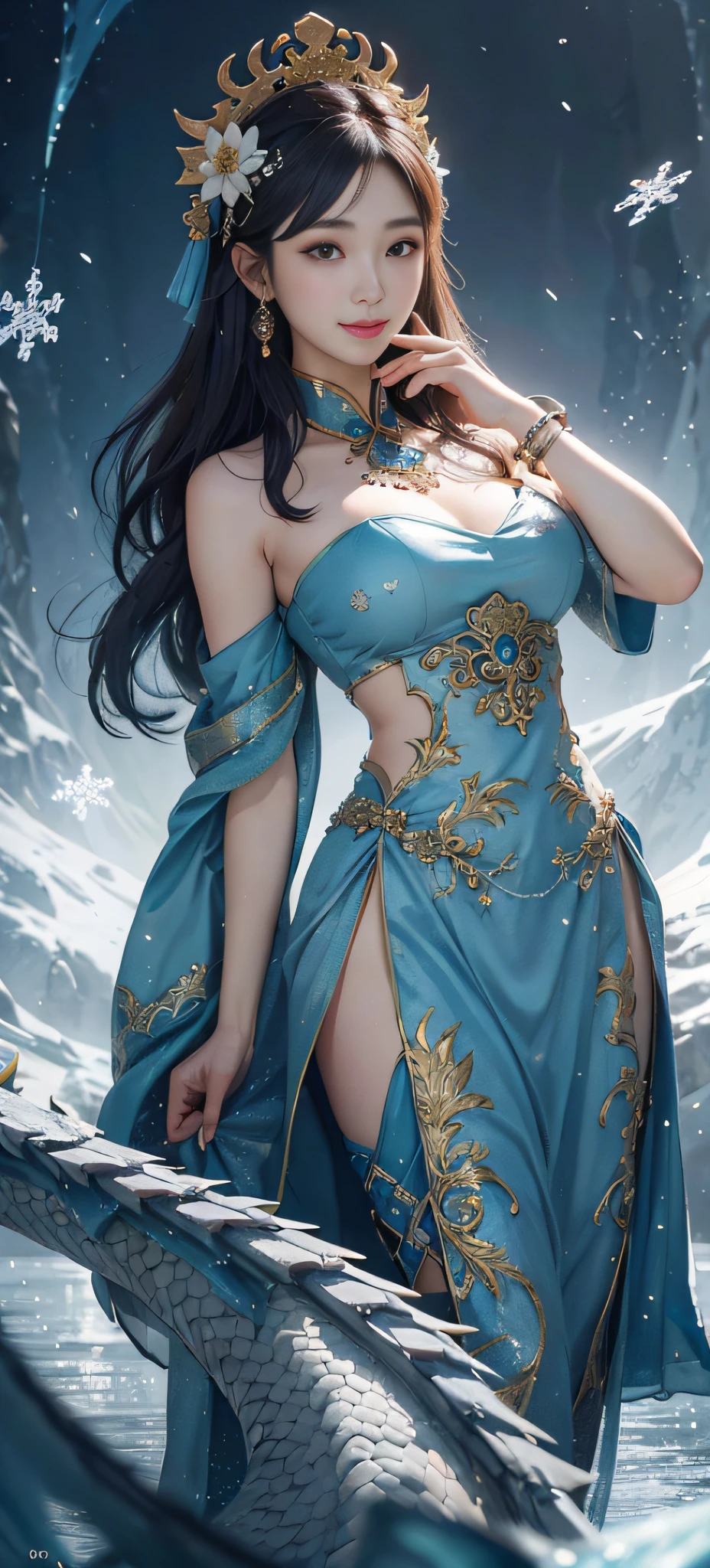 1 girl Girl's masterpiece, high cold Korean makeup, Seductive Korean faces,temperament,smiled,The perfect combination of water and dragon,Falling snowflakes with flowers, The dragon, and various intricate embellishments,There are luxurious accessories and gorgeous and intricate Xiuhe costumes,A tight face with a tall nose and a tall figure,The picture is real, mixed with conceptual art, Antique and modern are a perfect combination, the picture is dazzling,surround,Radiant,Cumbersome concept art,8K picture quality, best quality and most detailed composition
