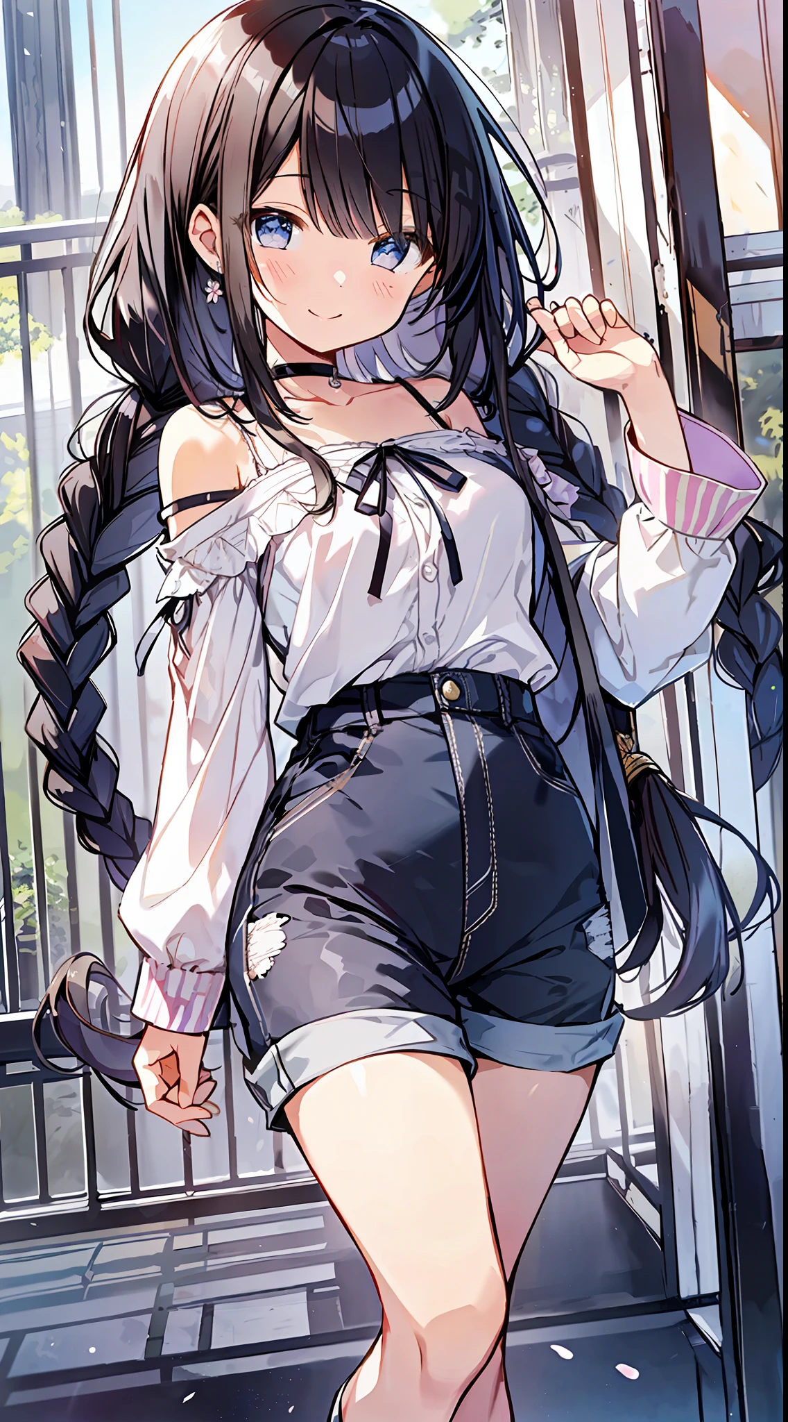 BEST QUALITY、masterpeace、Ultra High Res、8ｋ、((Spring clothes、shirts、shortpants))、Shoujo manga style loli、 1 person、Soft lineart、Digital Enhancement、A touch of shoujo manga、Shoujo Mangacore、Flowing fabric、crose up、((Hair length to the shoulders and short braids))、Staring at us from the front、Soft drawing、beautiful black hair、Clear eyes、Teasing smile、An ultra-detailed digital anime art、Clear face depiction、Super detailed shoujo manga character art、An ultra-detailed manga style、Highest quality colors、Hand gestures、Angles that can be seen up to your feet、Scenery with nature