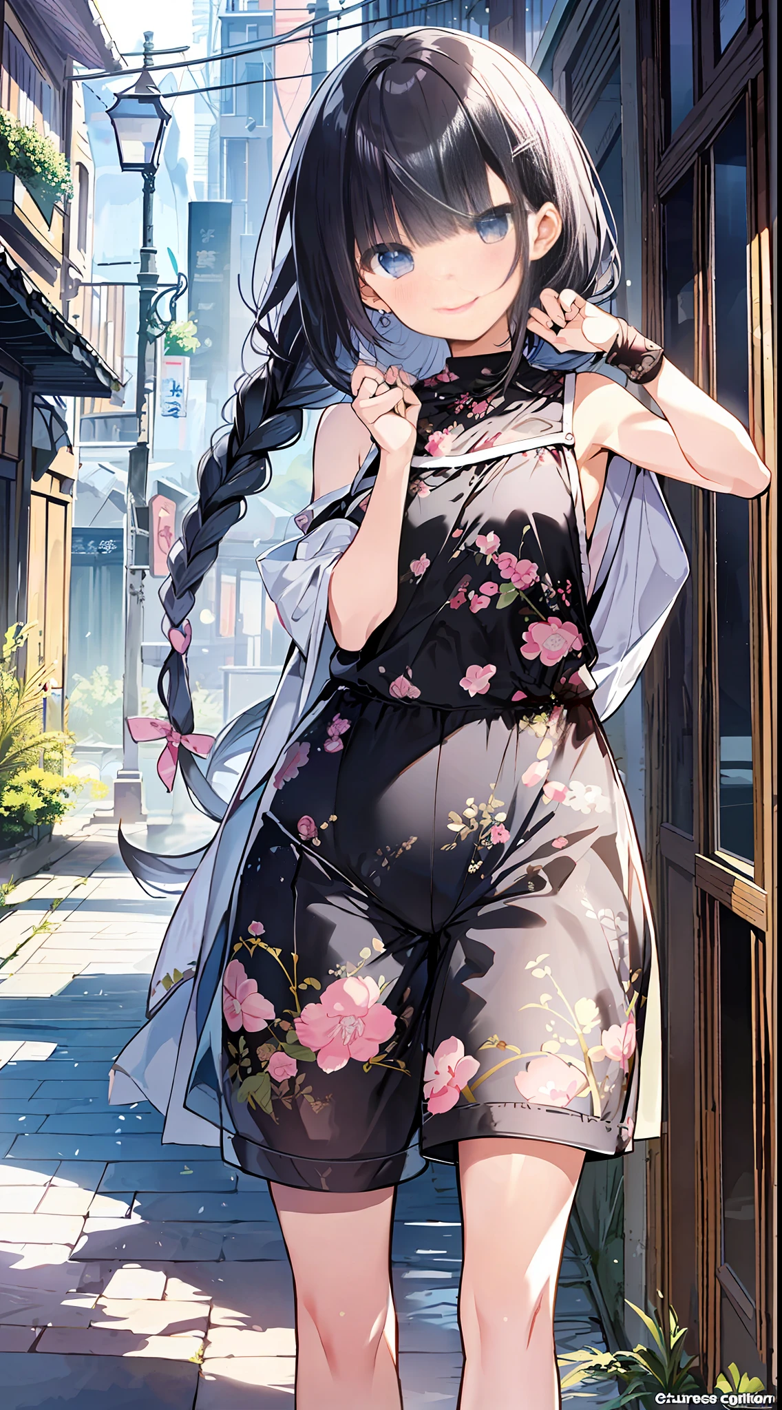 BEST QUALITY、masterpeace、Ultra High Res、8k、((Spring clothes、shirts、shortpants))、Shoujo manga style loli、 1 person、Soft lineart、Digital Enhancement、A touch of shoujo manga、Shoujo Mangacore、Flowing fabric、crose up、((Hair length to the shoulders and short braids))、Staring at us from the front、Soft drawing、beautiful black hair、Clear eyes、Teasing smile、An ultra-detailed digital anime art、Clear face depiction、Super detailed shoujo manga character art、An ultra-detailed manga style、Highest quality colors、Hand gestures、Angles that can be seen up to your feet、Scenery with nature