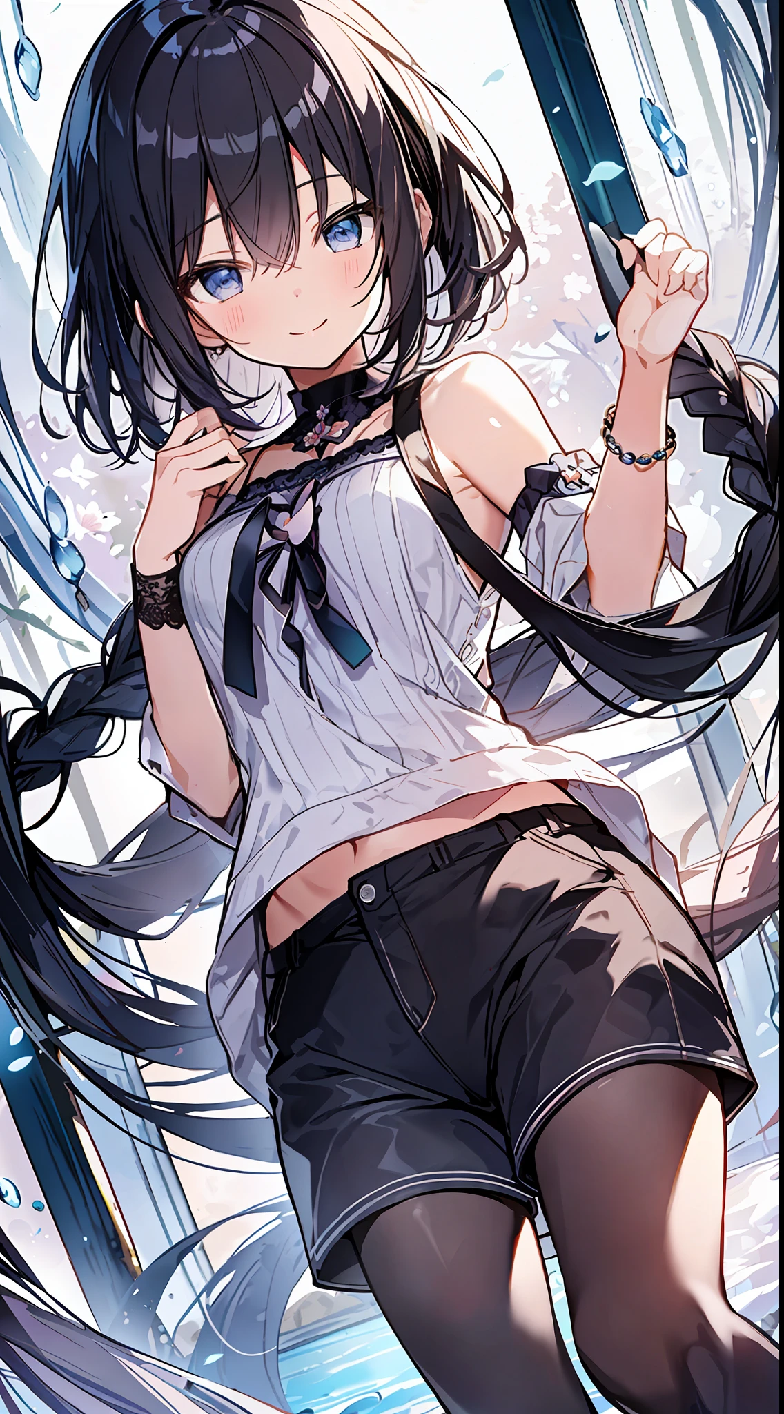 BEST QUALITY、masterpeace、Ultra High Res、8k、((Spring clothes、shirts、shortpants))、Shoujo manga style loli、 1 person、Soft lineart、Digital Enhancement、A touch of shoujo manga、Shoujo Mangacore、Flowing fabric、crose up、((Hair length to the shoulders and short braids))、Staring at us from the front、Soft drawing、beautiful black hair、Clear eyes、Teasing smile、An ultra-detailed digital anime art、Clear face depiction、Super detailed shoujo manga character art、An ultra-detailed manga style、Highest quality colors、Hand gestures、Angles that can be seen up to your feet、Scenery with nature