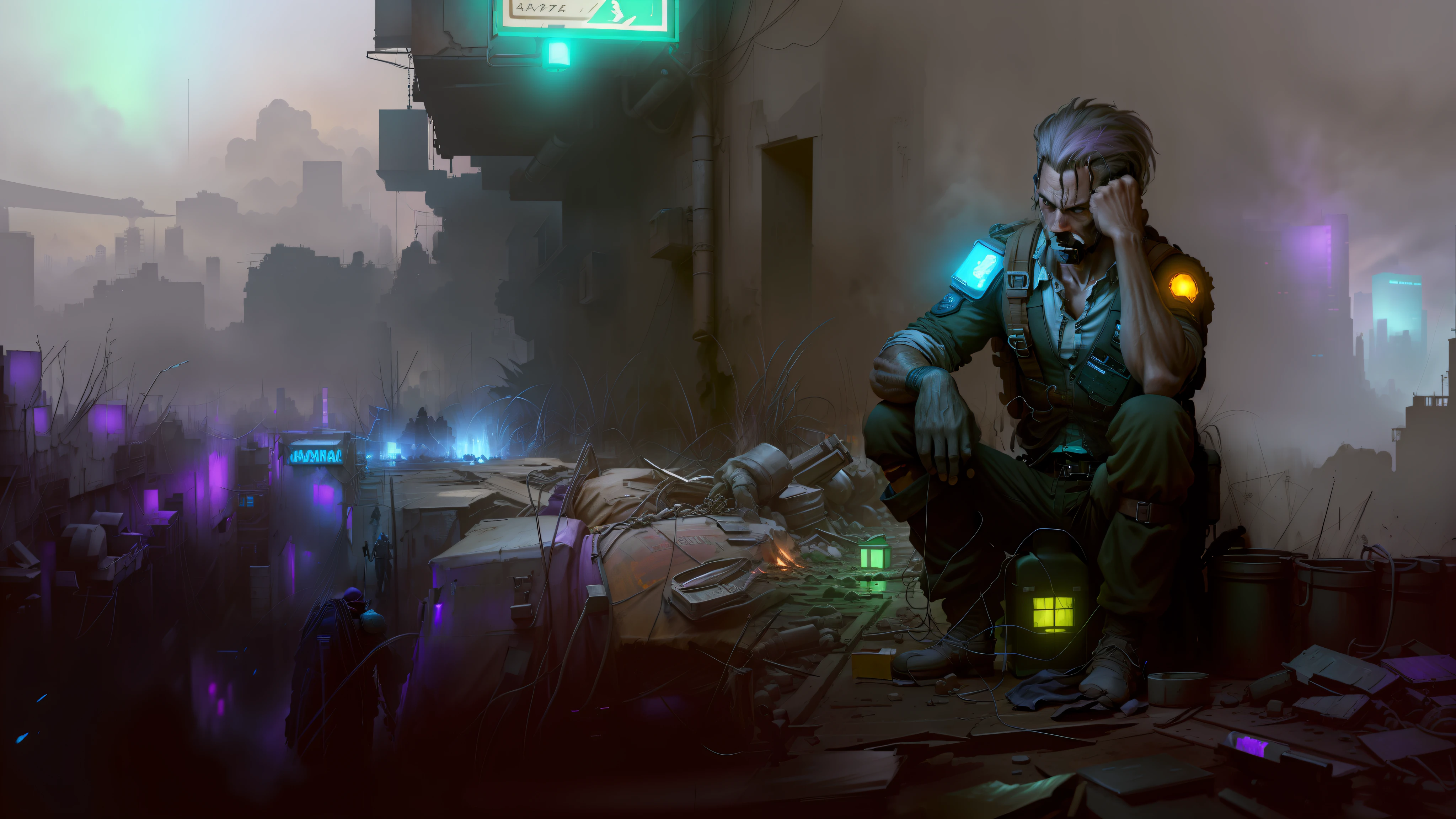 (obra-prima) altamente detalhado RAW, a post man-Apocalyptic with a backpack is walking through a cyberpunk city themed arc-vivid iris, estilo hassanfantasy, por Jeremy Mann e Donato Giancola ultra realista altamente detalhado intrincado fotorrealista, lilac shirt