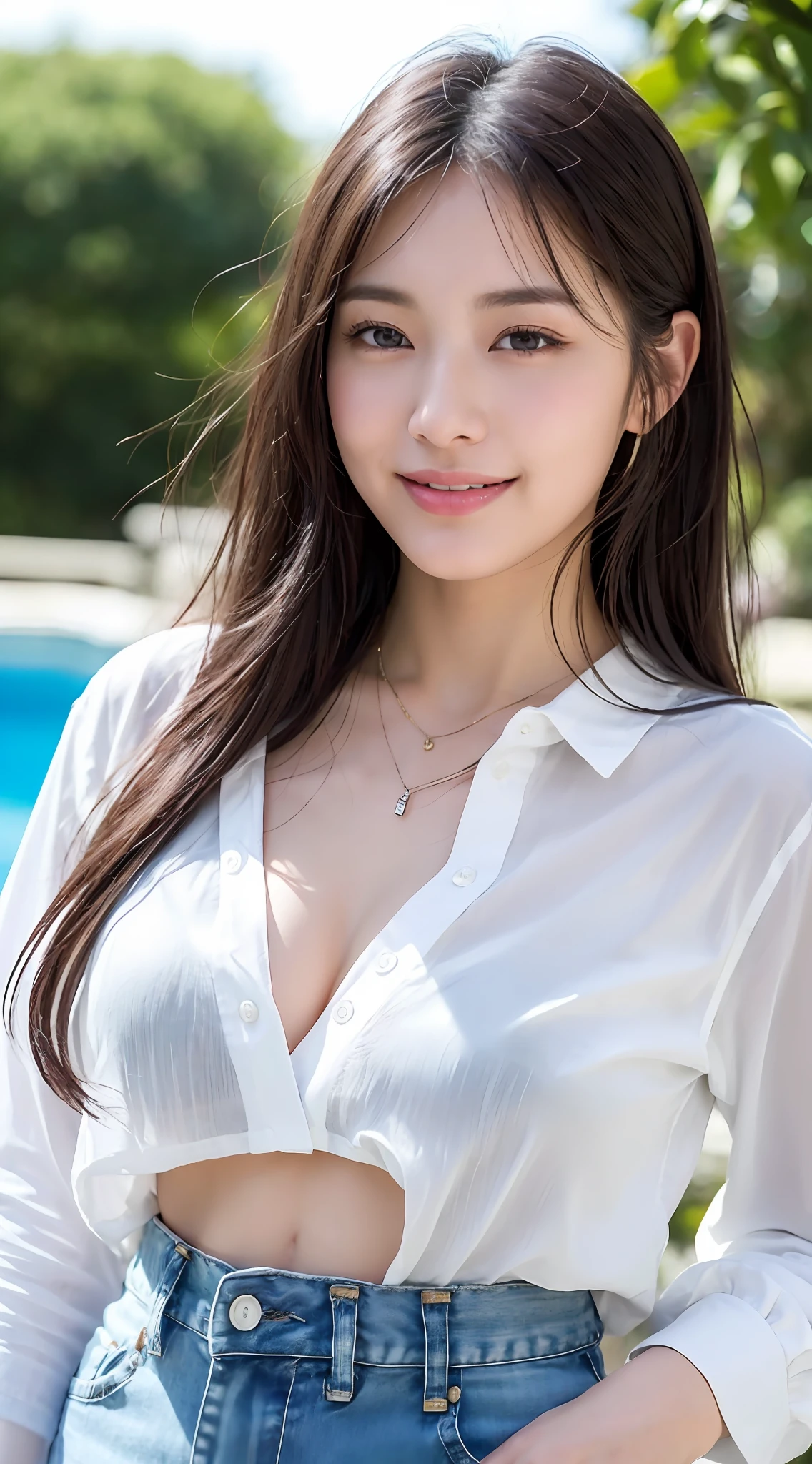 (8ｋ、RAW photos、BEST QUALITY、masterpeace:1.2)、Super Detailed、Super Resolution、(lifelike、Real photography:1.37)、portrait、、、、、、high definition RAW color photos、Professional Photography、very detailed and beautiful、very detail、8k race wallpaper、Amazing Details、Huge File Size、Official Art、Highly detailed CG Unity 8k Race wallpaper、extremely detailed beautiful girl、extremely detailed faces、extremely detailed  eyes、very detailed skin、very detailed fingers、very detailed nose、very detailed detailed mouth、Perfect Anatomy、detailed  background、Detailed clothing、Girl 1 Mature Mature Woman Person、(2 men men men 0:1.2)、2 men men men men men men 0 generation、girl cute、realistic body、short、White Skin、radiant skin、Slim body、dark black hair、long straight hair、(dull bangs: 1.2)、((Extra large white shirt for men、Buttoned shirt、Fully open shirt))、((In jeans))、smiling smile、Adorable、if々facing right、pretty face、realstic face、Delicate eyes、Sauce order、(((No Bra)))、((fulllllbody))、necklace、ear ring、Look at Camera、cowboy Shot、Sleeping by the pool、Contrapo、dynamic lighting、ＣCup milk、