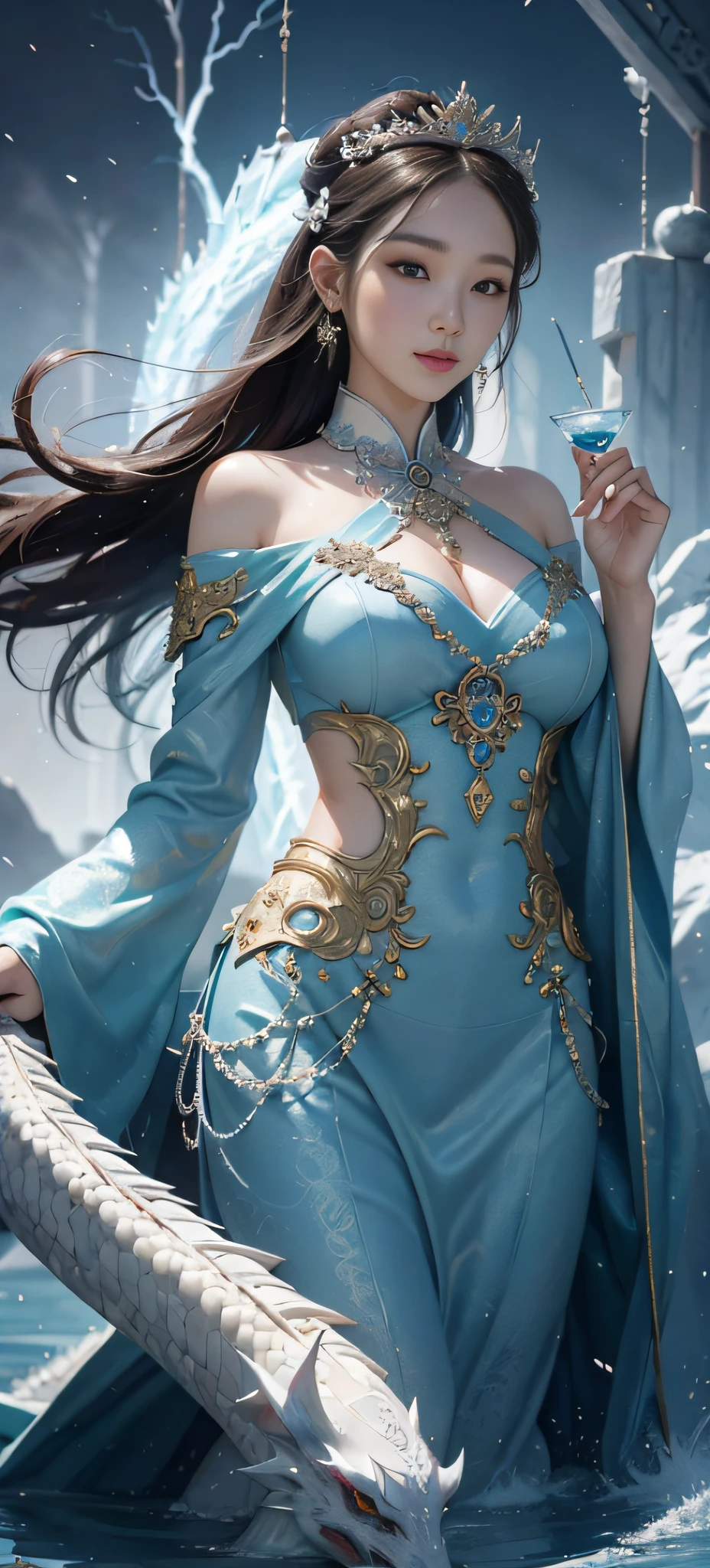 1 girl Girl's masterpiece, high cold Korean makeup, Seductive Korean faces，temperament，smiled，The perfect combination of water and dragon,Snowflakes，lightning , The dragon, and various intricate embellishments，There are luxurious accessories and gorgeous and intricate Xiuhe costumes，A tight face with a tall nose and a tall figure，The picture is real, mixed with conceptual art, Antique and modern are a perfect combination, the picture is dazzling，surround，Radiant，Cumbersome concept art，8K picture quality, best quality and most detailed composition