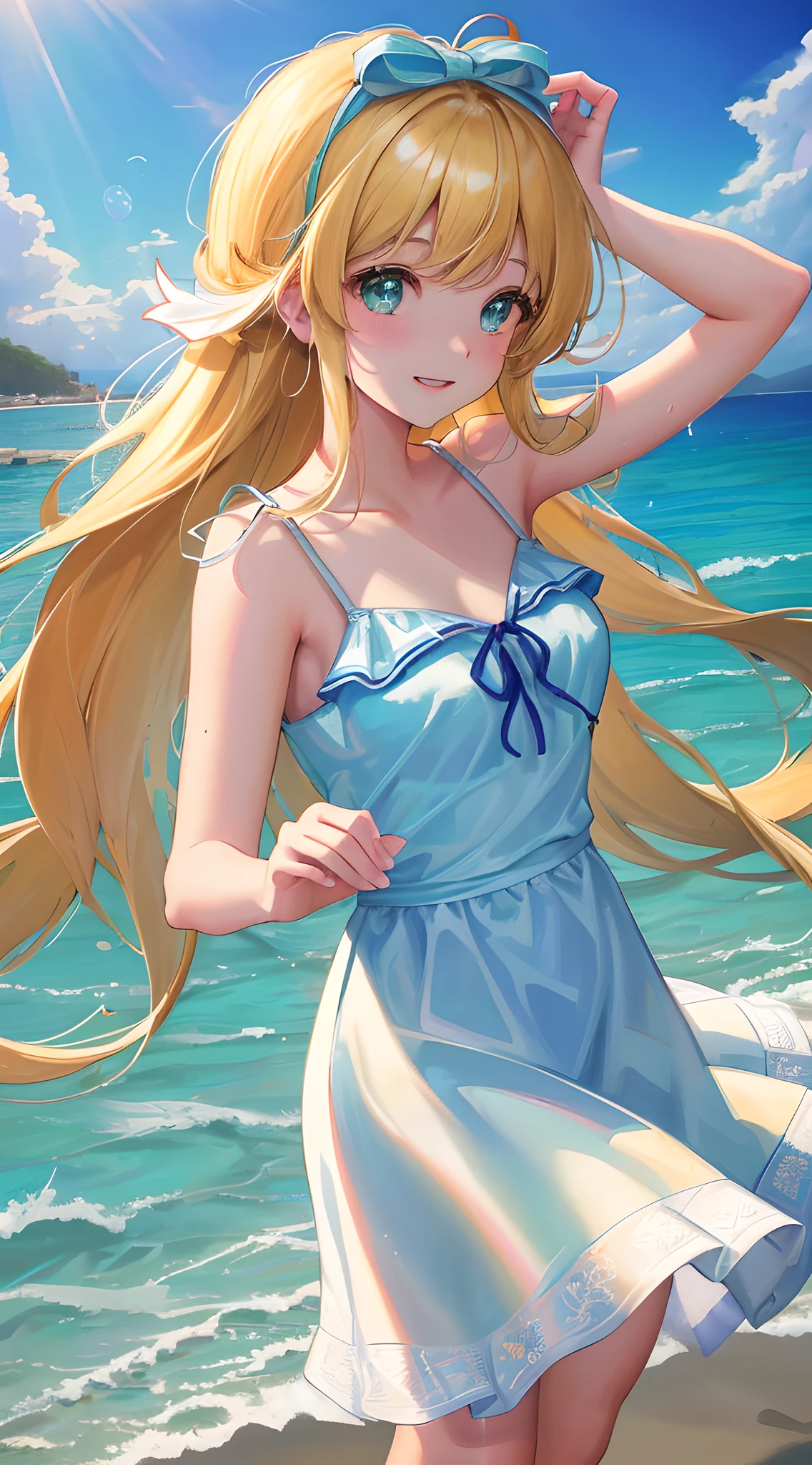 (((masterpiece: 1.5, best quality, high resolution: 1.3, super resolution, super detailed, ultra detailed:1.3, rich background:1.2))), ((face close up)), 1girl, solo, green eyes, blonde long hair tied with blue ribbon, blunt bangs, cute hairpin, transparent white bikini, white panties, ((raises one hand)), (armpit), (sweat), (outdoor), ((sea: 1.2)), ((beach)), scenery, (dusk),  ((dynamic light: 1.4)), a group of women standing next to each other at a podium, by Yasutomo Oka, video art, young and cute girl, [32k hd]^10, dvd, 2 0 0 9, gray, talk show, loli in dress, teasing smile, looking around a corner, skeb.jp, college, nintendocore, home video