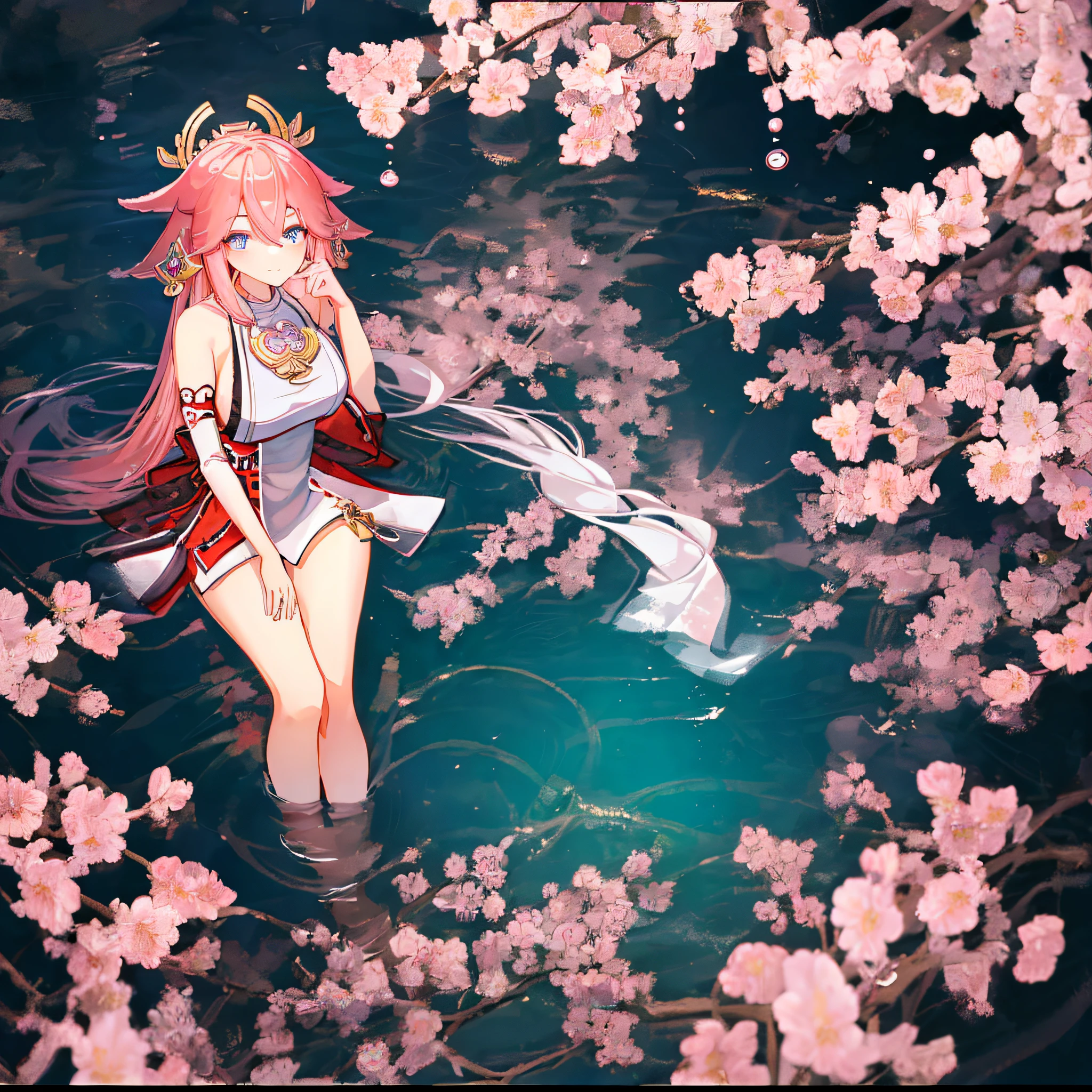 High Quality、4k、HIGH LEVEL OF DETAIL、Japanese-style painting、1 girl Girl、Kemono、off the shoulder、Perfect for highlighting thighs and cleavage、hair accessory、Yae Miko style、A shrine at night、Fox ear tail and collar collarbone、Long hair shawl spreads、Long soft pink hair、Lateral breast、fox tail、Lie still on the surface of the water、Cherry blossoms fall、seductivesmile、Hair is scattered、Reflective water surface、Shoot from above、panoramic views、lying flat、barefeet