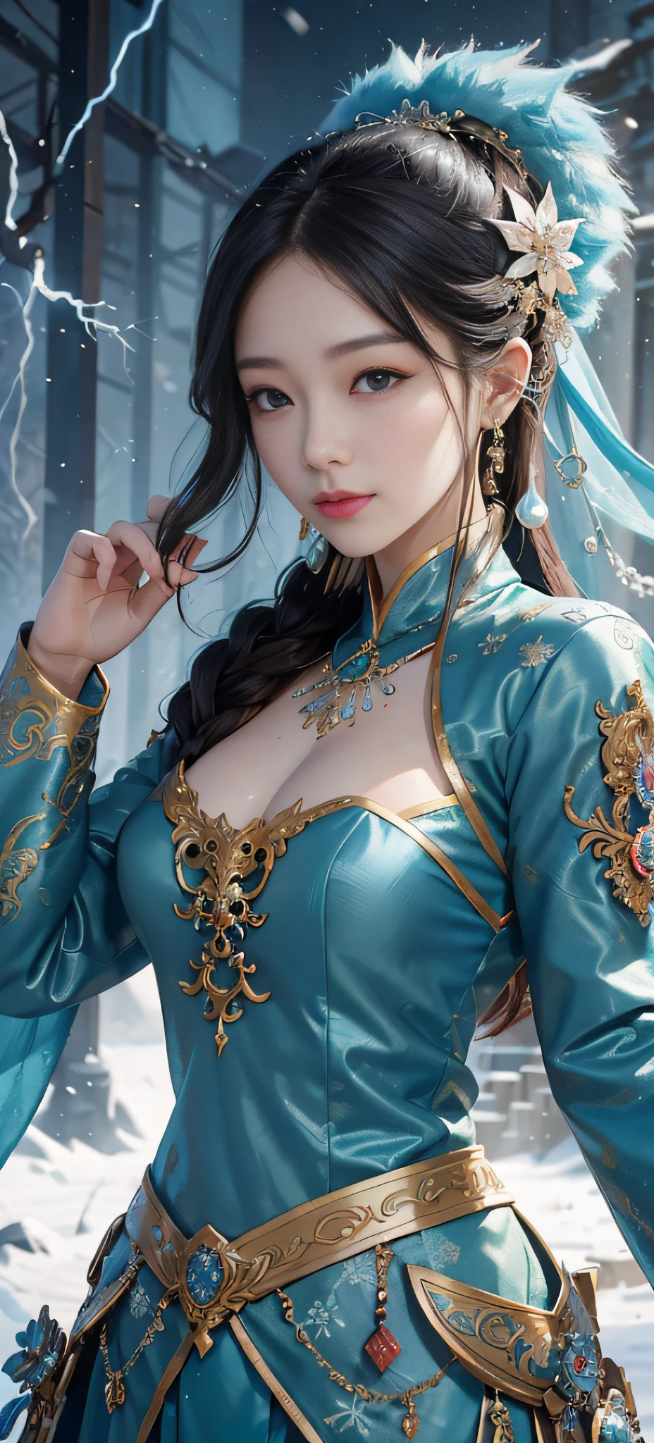 1 girl Girl's masterpiece, high cold Korean makeup, Seductive Korean faces,temperament,smiled,The perfect combination of water and dragon,Snowflakes,lightning , The dragon, and various intricate embellishments,There are luxurious accessories and gorgeous and intricate Xiuhe costumes,A tight face with a tall nose and a tall figure,The picture is real, mixed with conceptual art, Antique and modern are a perfect combination, the picture is dazzling,surround,Radiant,Cumbersome concept art,8K picture quality, best quality and most detailed composition
