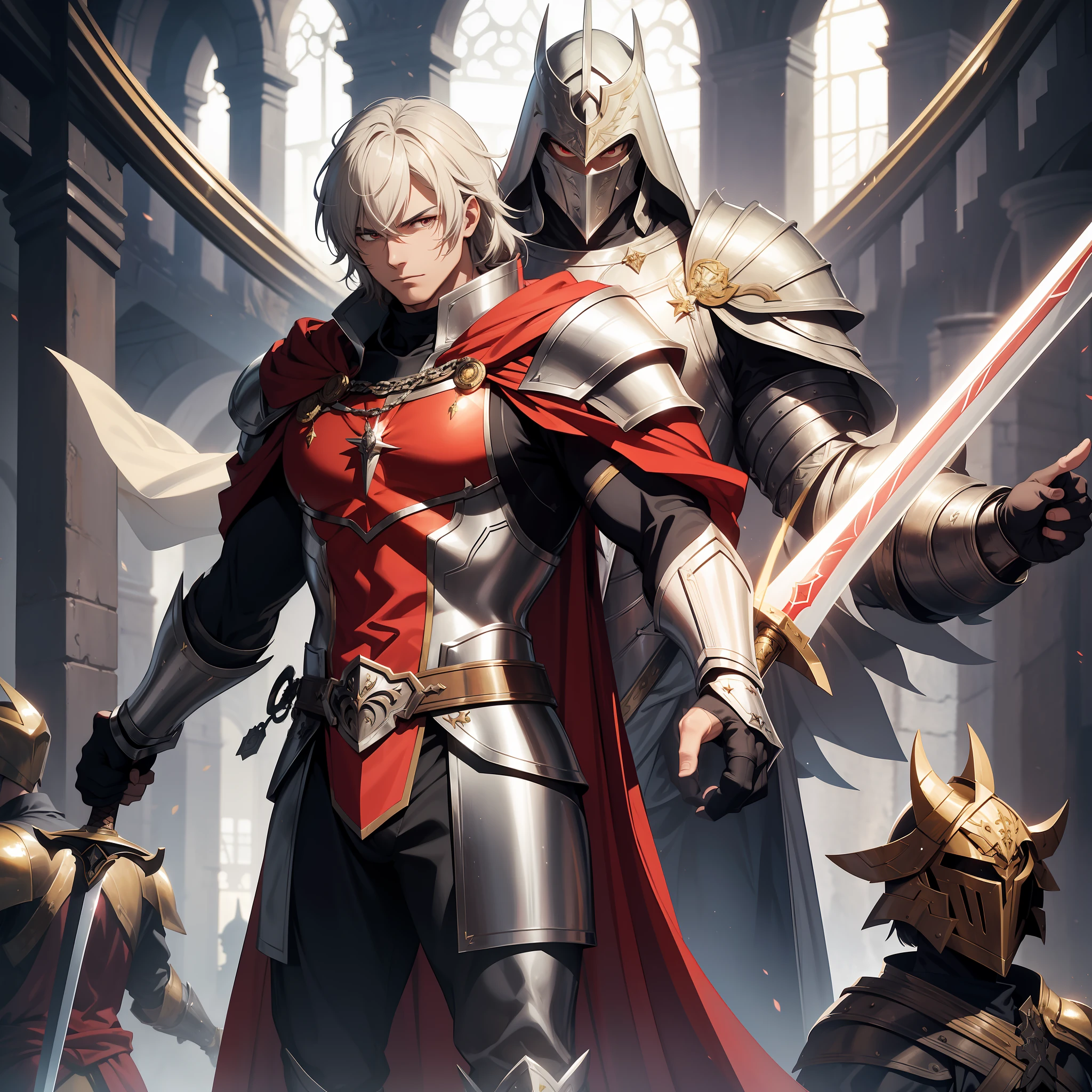 a super hero with medieval knight design resting his two hands on a golden sword, head view, silver armor, red cape on his back, 21 years old, muscular body, artwork, epic, powerful sword, majestic, beautiful, ((shining sword)), (((Sword in hands)))