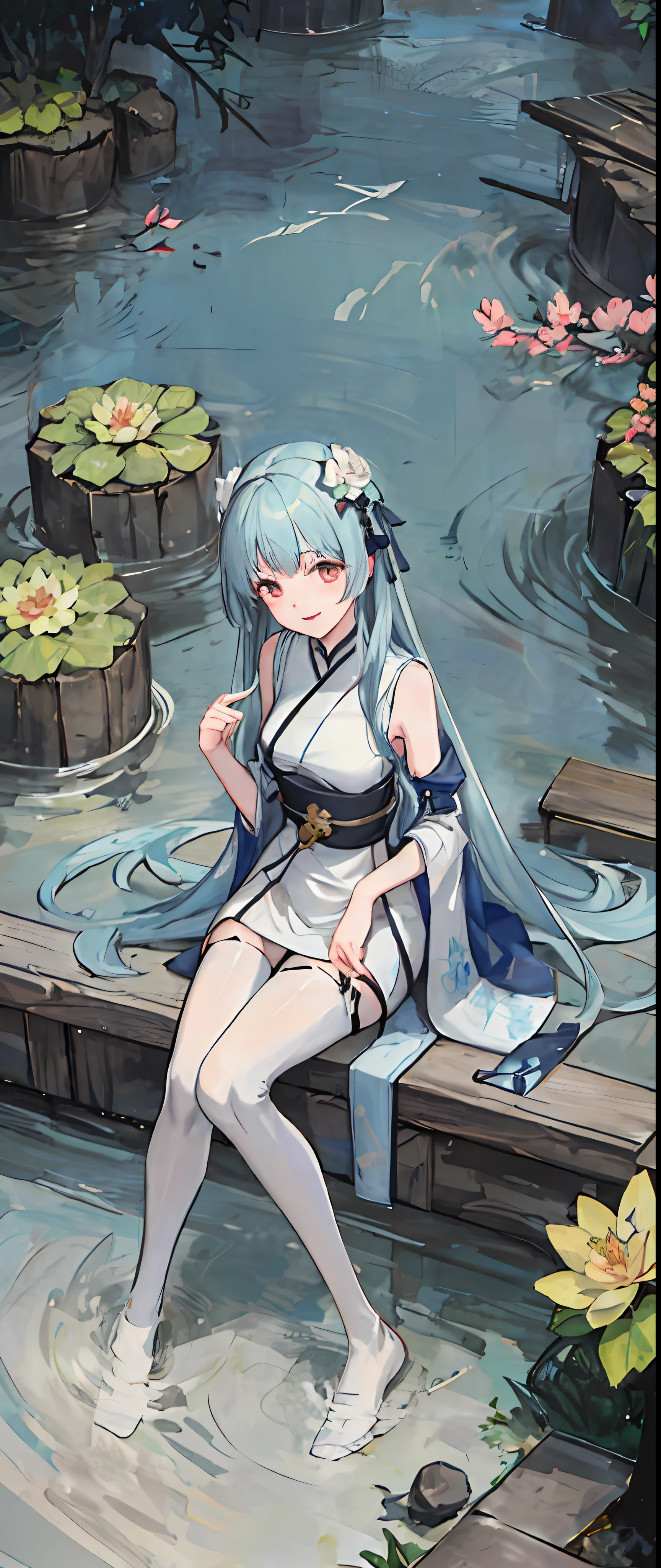 ((4k,masterpiece,best quality)), shuimobysim, traditional Chinese painting, lotus flowers, Hanfu, maxiskit, Dress conservatively 1girl, solo, blue long hair, smiled, standding, Feet in the water, white pantyhose,