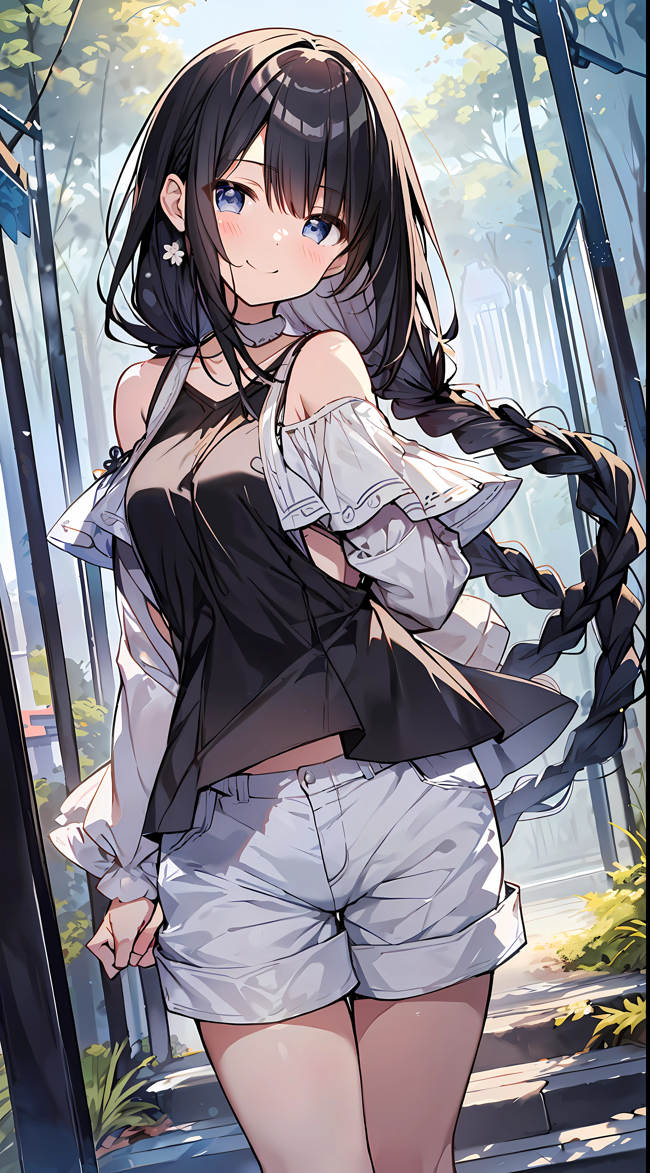 BEST QUALITY、masterpeace、Ultra High Res、8ｋ、((Spring clothes、shirts、shortpants))、Shoujo manga style loli、 1 person、Soft lineart、Digital Enhancement、A touch of shoujo manga、Shoujo Mangacore、Flowing fabric、crose up、((Hair length to the shoulders and short braids))、Staring at us from the front、Soft drawing、beautiful black hair、Clear eyes、Teasing smile、An ultra-detailed digital anime art、Clear face depiction、Super detailed shoujo manga character art、An ultra-detailed manga style、Highest quality colors、Hand gestures、Angles that can be seen up to your feet、Scenery with nature