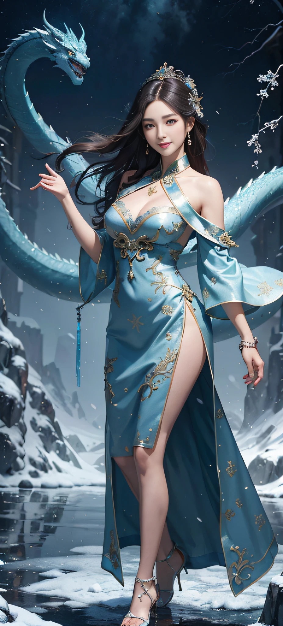 1 girl Girl's masterpiece, high cold Korean makeup, Seductive Korean faces,temperament,smiled,The perfect combination of water and dragon,Snowflakes,lightning , The dragon, and various intricate embellishments,There are luxurious accessories and gorgeous and intricate Xiuhe costumes,A tight face with a tall nose and a tall figure,The picture is real, mixed with conceptual art, Antique and modern are a perfect combination, the picture is dazzling,surround,Radiant,Cumbersome concept art,8K picture quality, best quality and most detailed composition