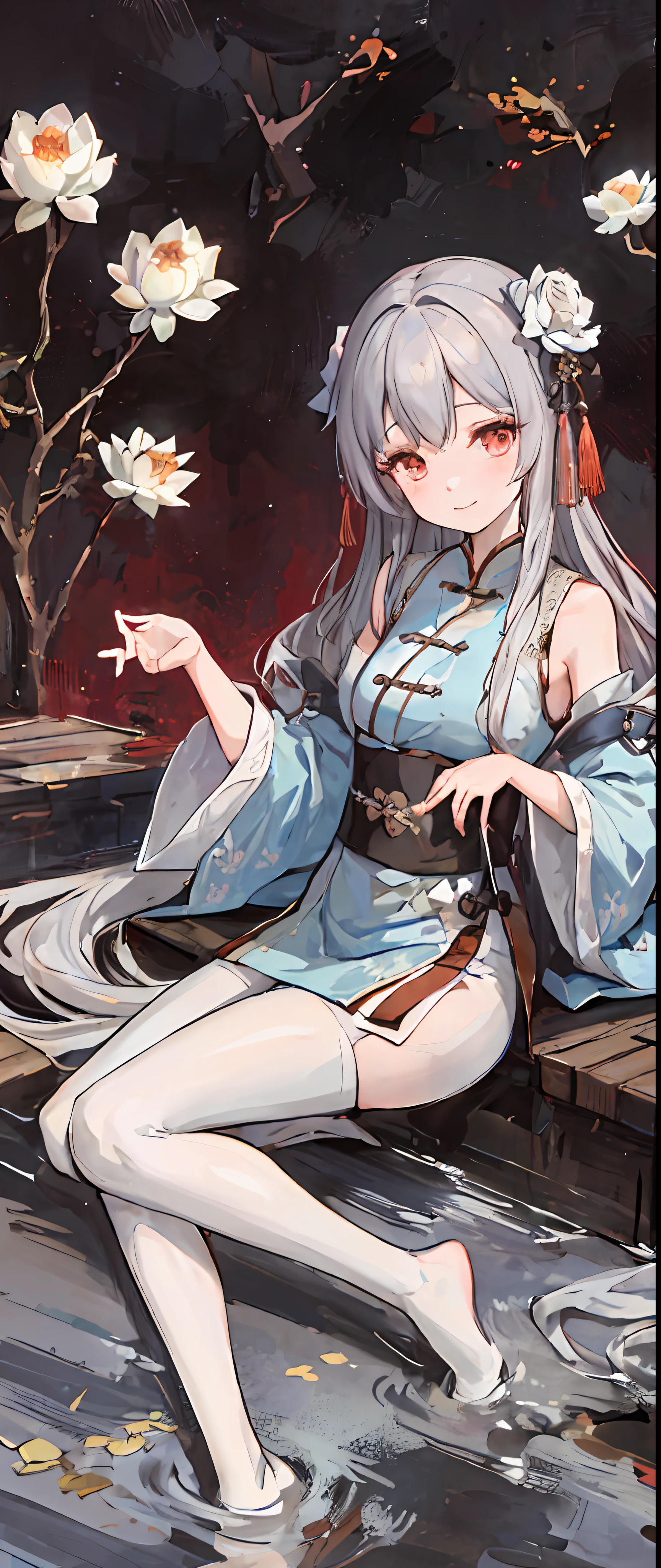 ((4k,masterpiece,best quality)), shuimobysim, traditional Chinese painting, lotus flowers, Hanfu, maxiskit, Dress conservatively 1girl, solo, blue long hair, smiled, standding, Feet in the water, white pantyhose,