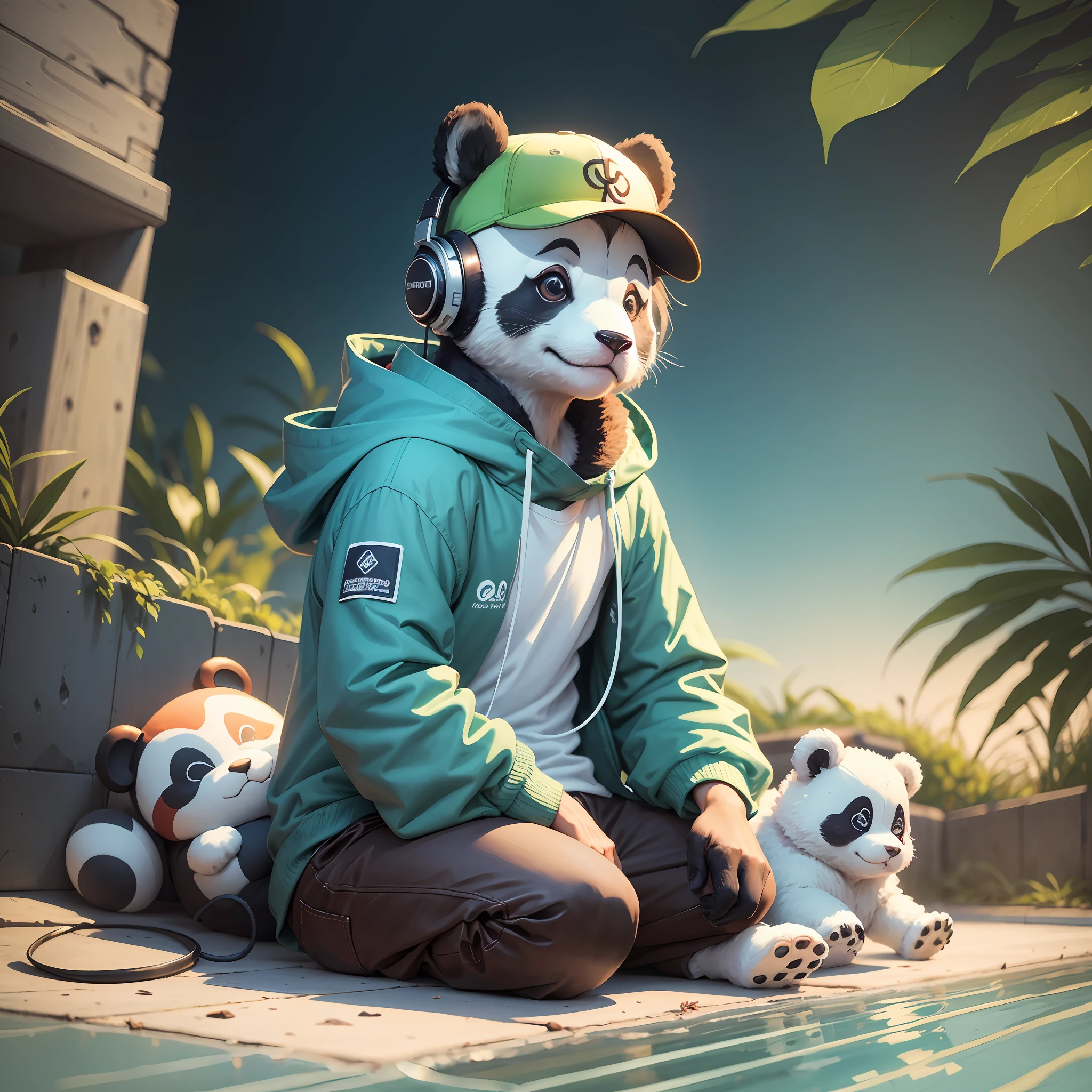 Por favor, crie um mascote panda no estilo chillhop. The mascot should be a male character and friendly and relaxed, refletindo a atmosfera calma e relaxante do chillhop. He can be an anthropomorphic animal or a unique character, with features that convey a sense of tranquility and harmony. Highlight details like friendly facial expressions, relaxed gestures and casual clothing or accessories, as caps, headphones ou camisetas folgadas. Use soft colors and pastel tones to create a color palette pleasing to the eye. Certifique-se de que o mascote esteja imerso em um ambiente relacionado ao chillhop, como uma cena com elementos musicais, como toca-discos, notas musicais ou uma paisagem urbana relaxante. The goal is to capture the essence of chillhop through this mascot, creating a warm and attractive illustration to represent the style.