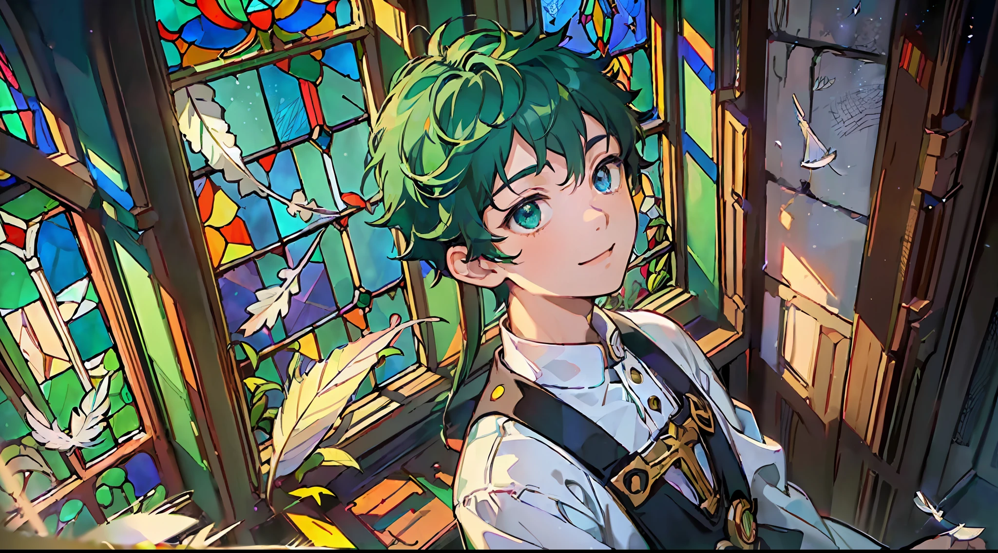 ((A masterpie:1.4、the highest quality))、((A masterpie、the highest quality))、(Churches:1.2)、(fragment:1.2)、(Stained glass:1.3)、Pillar、Sky cover、Izuku Midoriya、short green hair and big eyes、A boy、Delicate hair、kind smile、(Particles of light)、(feather:1.3)、(Sunlight coming in through the window)、Bright atmosphere、(Behold:1.3)、cowboy Shot
