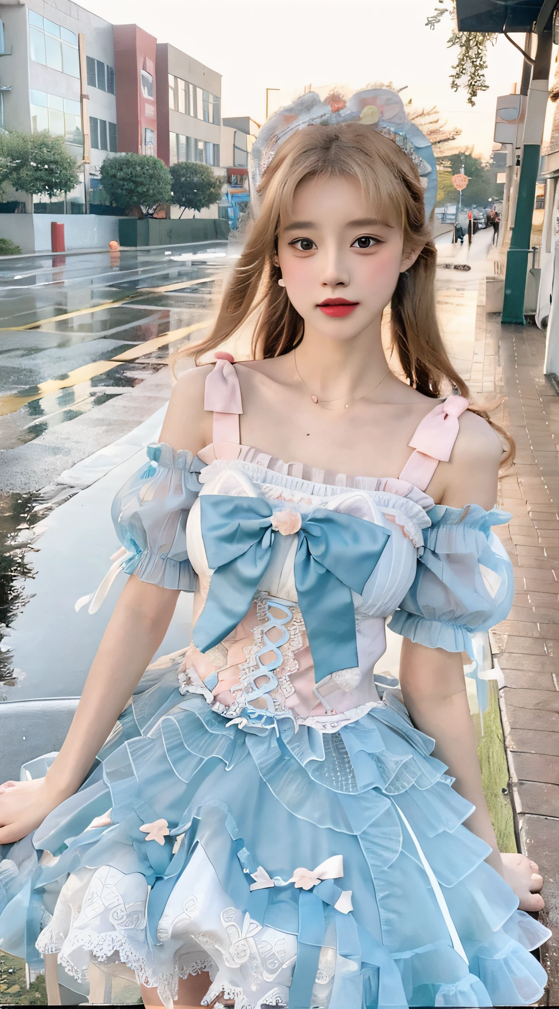 ((Best Quality, 8k, Masterpiece: 1.3)), Focus: 1.2, Perfect Body Beauty: 1.4, Buttocks: 1.2, (Layered Haircut: 1.2)), (Rain, Street:1.3), Highly detailed face and skin texture, Fine eyes, Double eyelids, Whitening skin, Long hair, (Round face: 1.5), sweet_lolita