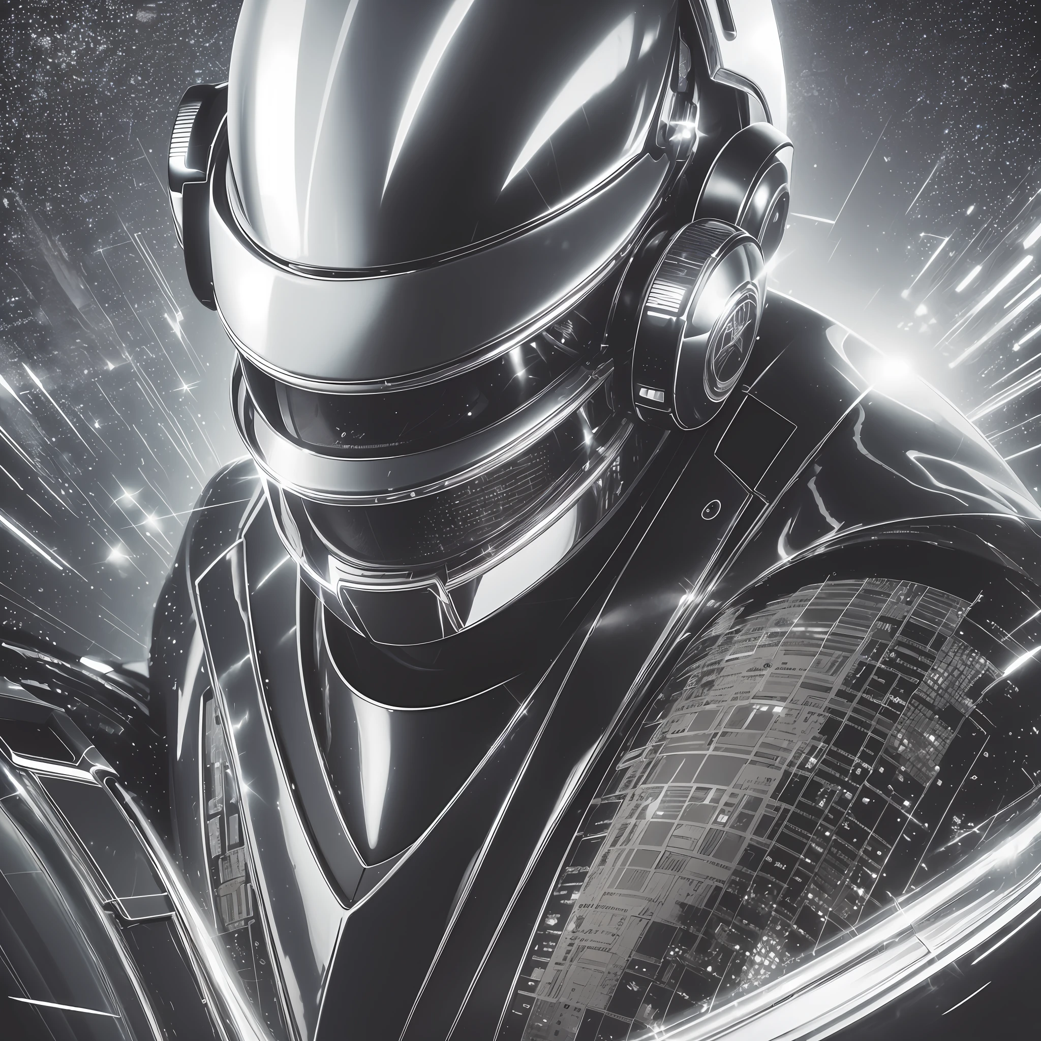 a close up of a person wearing a suit and a helmet, a black and white photo, futurism, daft punk, mario testino, sequins, k high definition, high-detaild, pepper, shady, performing, pleasure, moonwalker photo, ((intricate details)), hdr, ((intricate details, hyper detail)), cinematic frame, epic realistic, vignette --auto --s2