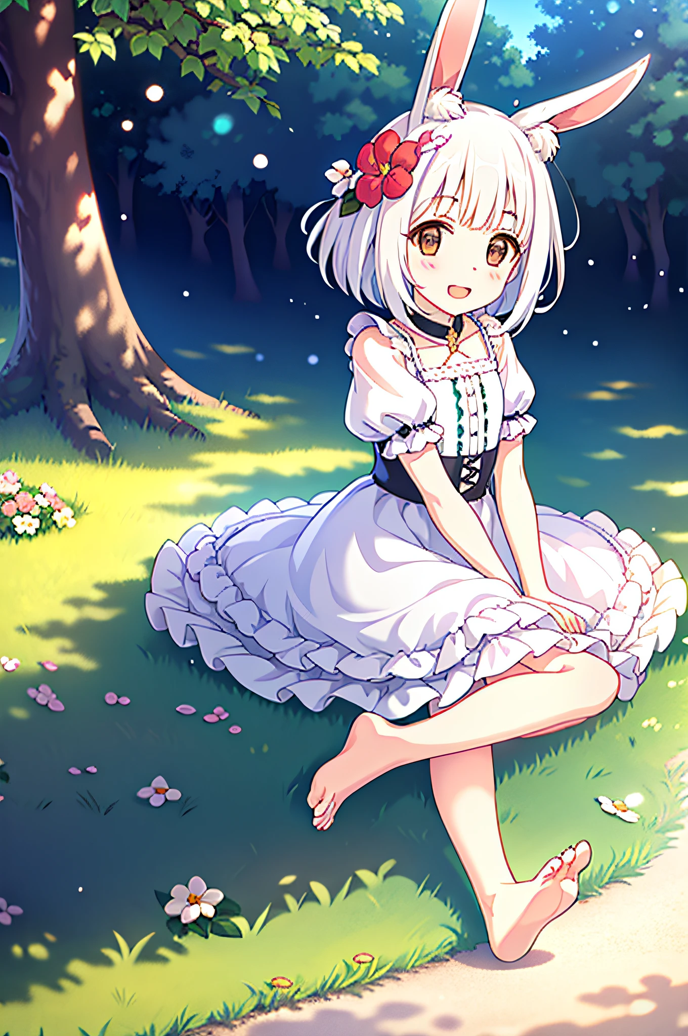 (masterpiece,best quality), 1girl,petite,flat chest, solo, solo focus, (animal ears, rabbit ears), barefoot, knees up, dress, sitting, short sleeves, looking at viewer, grass, short hair, smile, white hair, puffy sleeves, outdoors, puffy short sleeves, bangs, on ground, full body, animal, sunlight, brown eyes, dappled sunlight, day, depth of field, open mouth, (flower, hair flower), w, wariza, white dress,