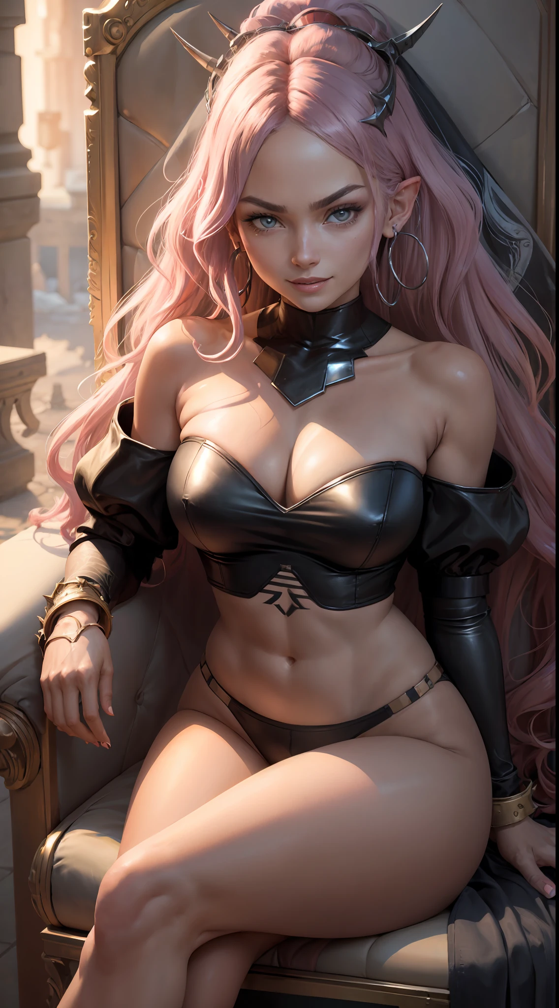 (masterpiece, best quality:1.2), cowboy shot, solo, 1girl, Secelia Dote, 30 years old, evil smile, looking dopwn at viewer, pointy ears, white eyes, grey eyes, pink hair, long curly pink and red drill hair, hair intakes and sidelocks, veil, headpiece, earrings, hoop earrings, ring earrings, bare shoulders, bridal gauntlets, black sleeves, detached sleeves, jewelry, large breasts, crop top, sideboob, navel, midriff, underwear, panties, black panties, bracelet, spiked bracelet, spikes, thigh strap, thighs, high heels, crossed legs, fantasy throne room, masterpiece, incredibly absurdres, best quality, high detail, ultra-realistic, Well drawn eyes, well drawn face, well detailed eyes, well detailed face, 8k, light and shadow effect.