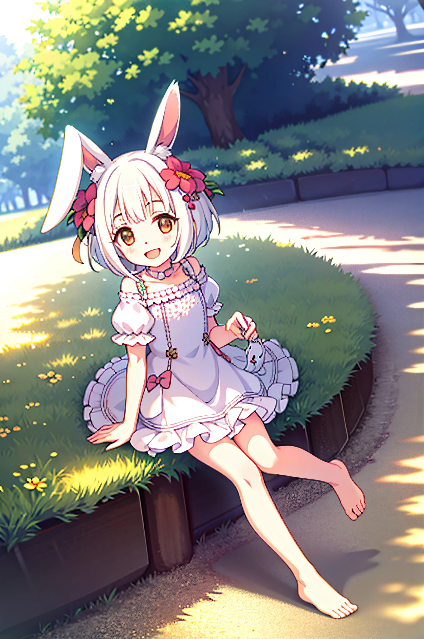 (masterpiece,best quality), 1girl,petite,flat chest, solo, solo focus, (animal ears, rabbit ears), barefoot, knees up, dress, sitting, short sleeves, looking at viewer, grass, short hair, smile, white hair, puffy sleeves, outdoors, puffy short sleeves, bangs, on ground, full body, animal, sunlight, brown eyes, dappled sunlight, day, depth of field, open mouth, (flower, hair flower), w, wariza, white dress,