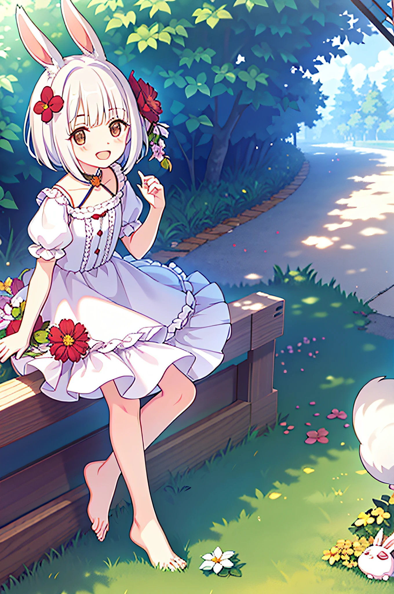 (masterpiece,best quality), 1girl,petite,flat chest, solo, solo focus, (animal ears, rabbit ears), barefoot, knees up, dress, sitting, short sleeves, looking at viewer, grass, short hair, smile, white hair, puffy sleeves, outdoors, puffy short sleeves, bangs, on ground, full body, animal, sunlight, brown eyes, dappled sunlight, day, depth of field, open mouth, (flower, hair flower), w, wariza, white dress,