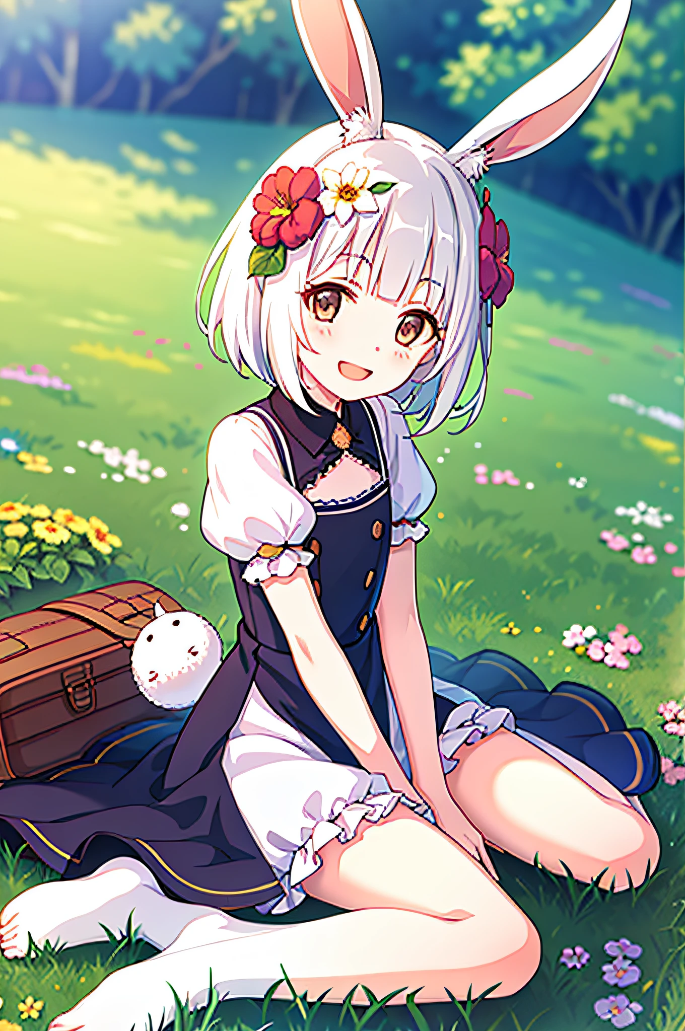 (masterpiece,best quality), 1girl,ite,flat chest, solo, solo focus, (animal ears, rabbit ears), barefoot, knees up, dress, sitting, short sleeves, looking at viewer, grass, short hair, smile, white hair, puffy sleeves, outdoors, puffy short sleeves, bangs, on ground, full body, animal, sunlight, brown eyes, dappled sunlight, day, depth of field, open mouth, (flower, hair flower), w, wariza, white dress,