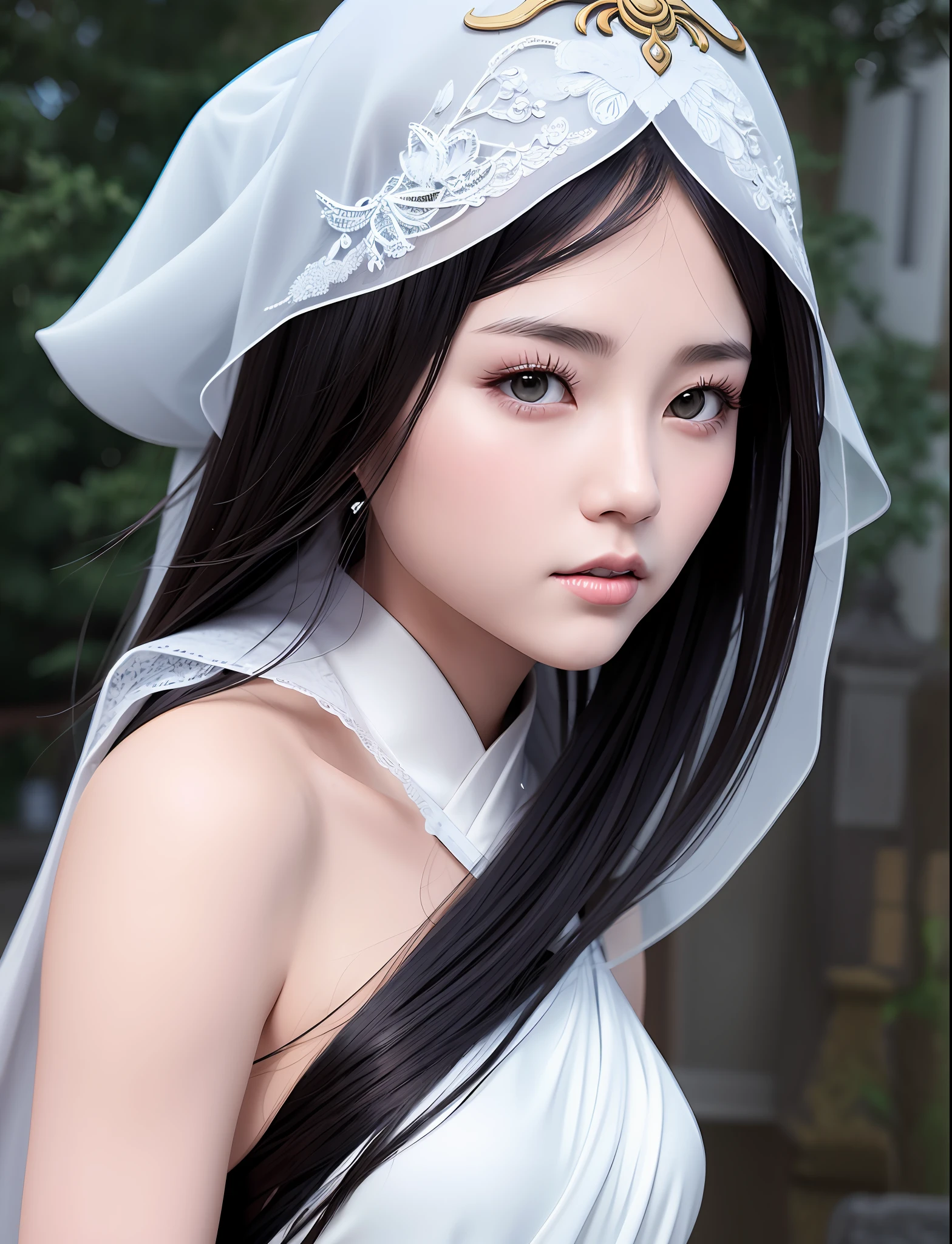 Girl with a veil and a cape on her head, beautiful as godness，White skin，game cg, trending on cgstation, inspired by Li Mei-The tree,  xianxia hero, inspired by Du Qiong, unreal engine render + a goddess, Chinese goddess, Xian Xia, 3 d anime realistic