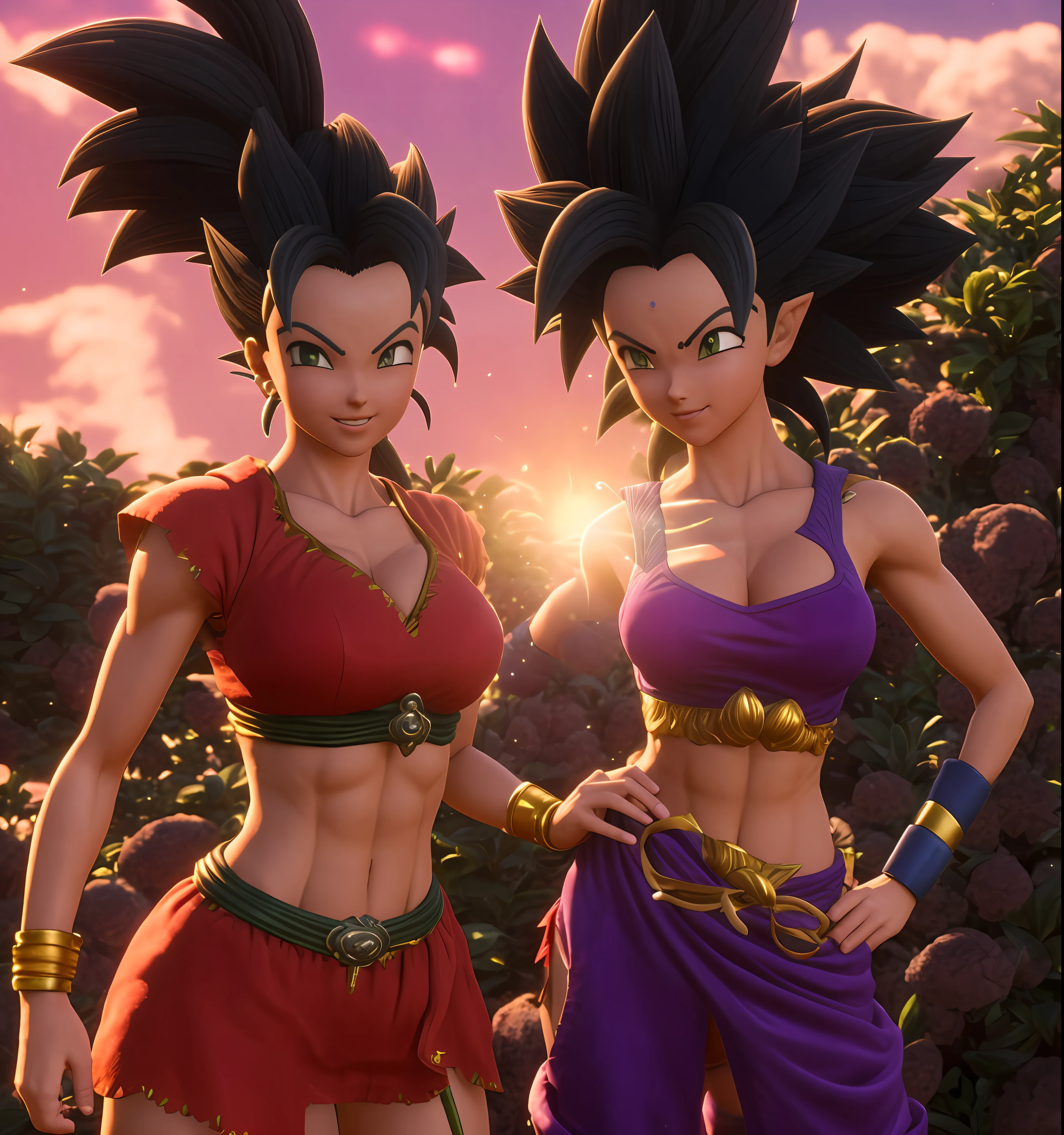 "uma obra-prima, qualidade superior, ultra detalhada, uma mulher saiyajin com as personagens Caulifla e Kale, retratadas em roupas vermelhas e roxas (incrivelmente detalhado:1.5), in dynamic pose, de cerca de 18 anos de idade".