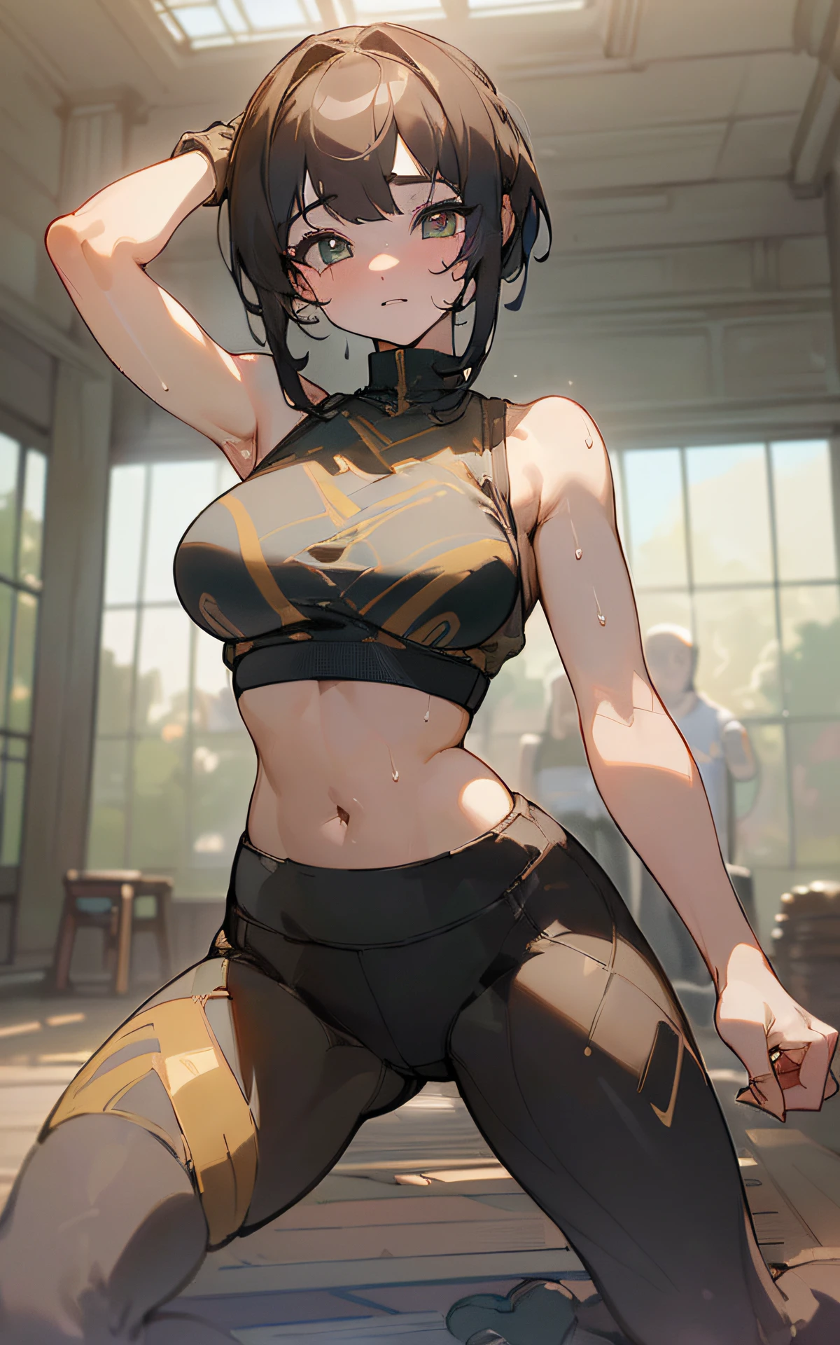 ((unity 16k wallpaper、masterpiece、best quality、ultra-detailed、extremely detailed CG、caustics、detailed、beautiful detailed eyes、nsfw:2.0、1girl、curby:1.2))、Ultra High Res、 fine skin、(cutest:1.2)、(GIRL)、((sports bra、yoga pants))、(Highly saturated、strong light)、training gym、Sweat、contrapposto