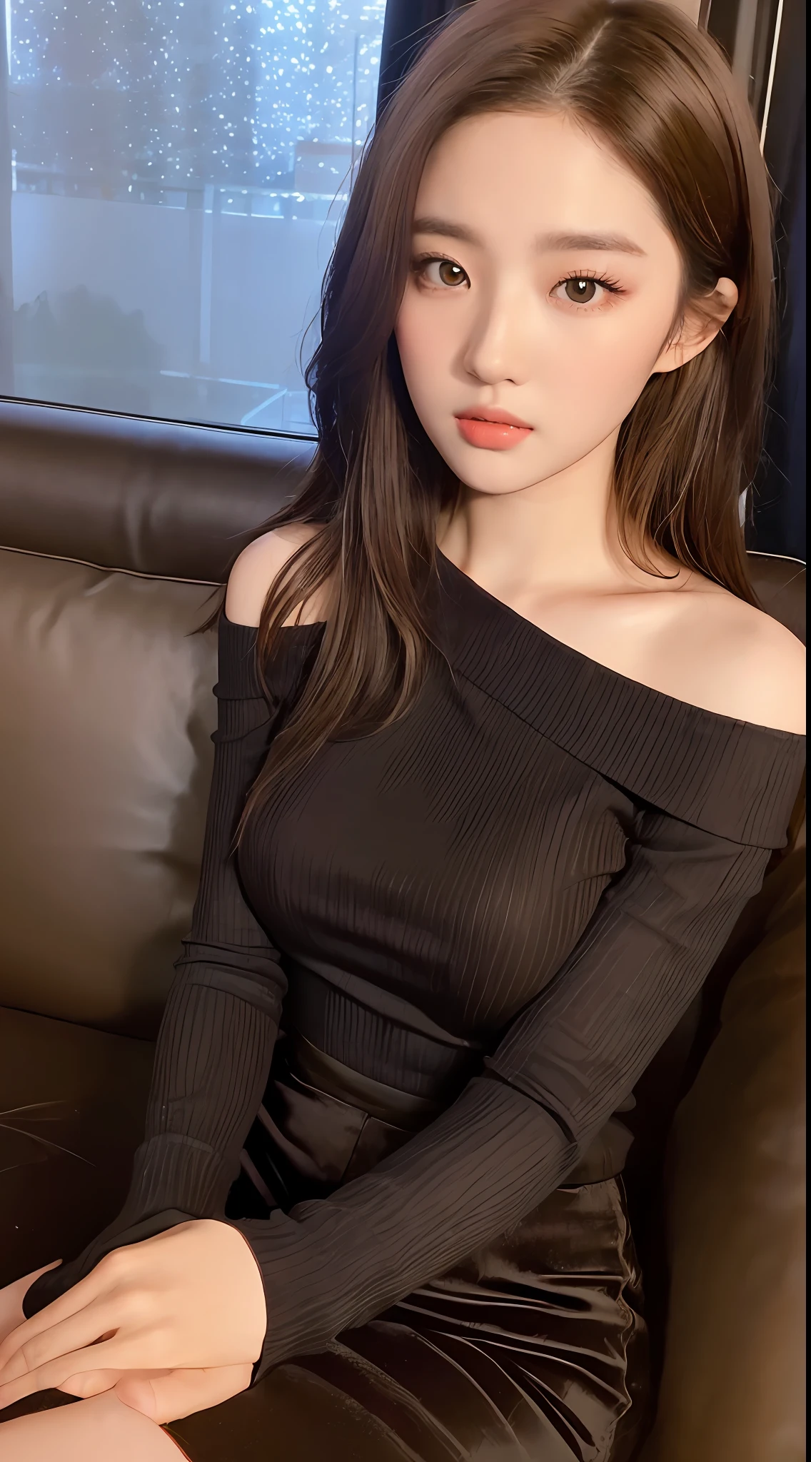 ((Night view, realistic light, best quality, 8k, masterpiece: 1.3)), 1girl, pretty woman with slim figure: 1.4, (brown hair, medium breasts: 1.3), off-the-shoulder cut top: 1.3, sofa, super detailed face, detailed eyes, double eyelids