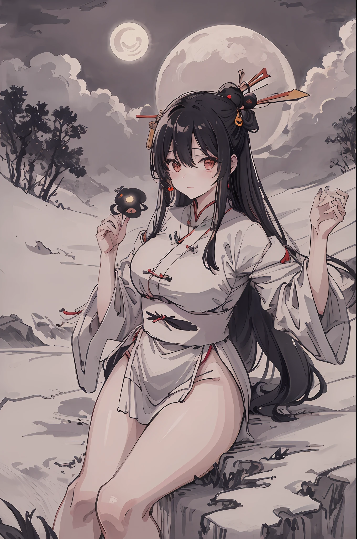 Jeizuo,Bestquality,NIGHT、,moutains,Clouds,Full Moon,long long hair,Women,,cutout,glowworm,festive。