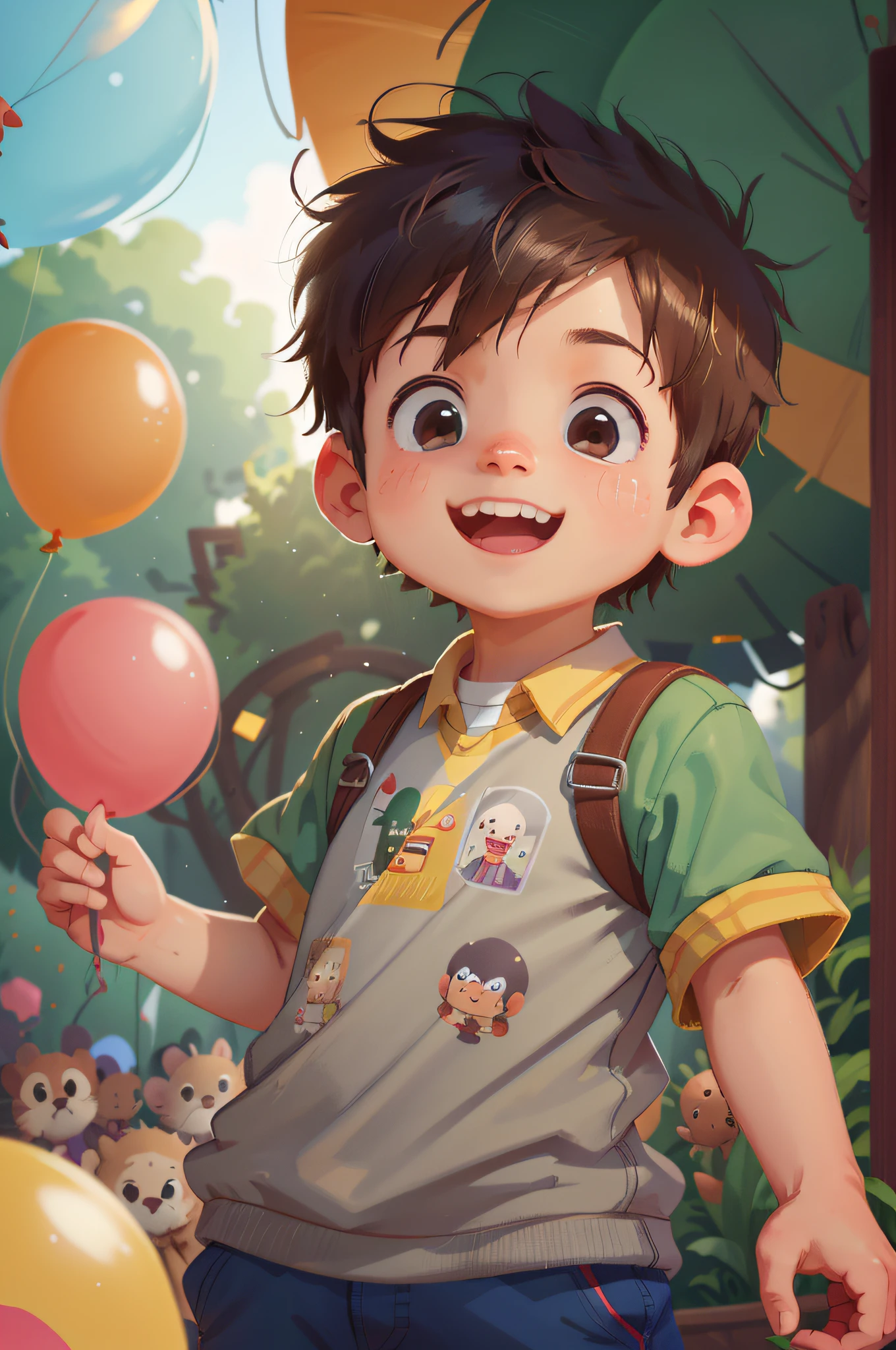 A boy, zoo, many balloons, happy, happy, perfect quality, clear focus (clutter - home: 0.8), (masterpiece: 1.2) (realistic: 1.2) (bokeh) (best quality) (detailed skin: 1.3) (intricate details) (8K) (detail eyes) (sharp focus), (happy)