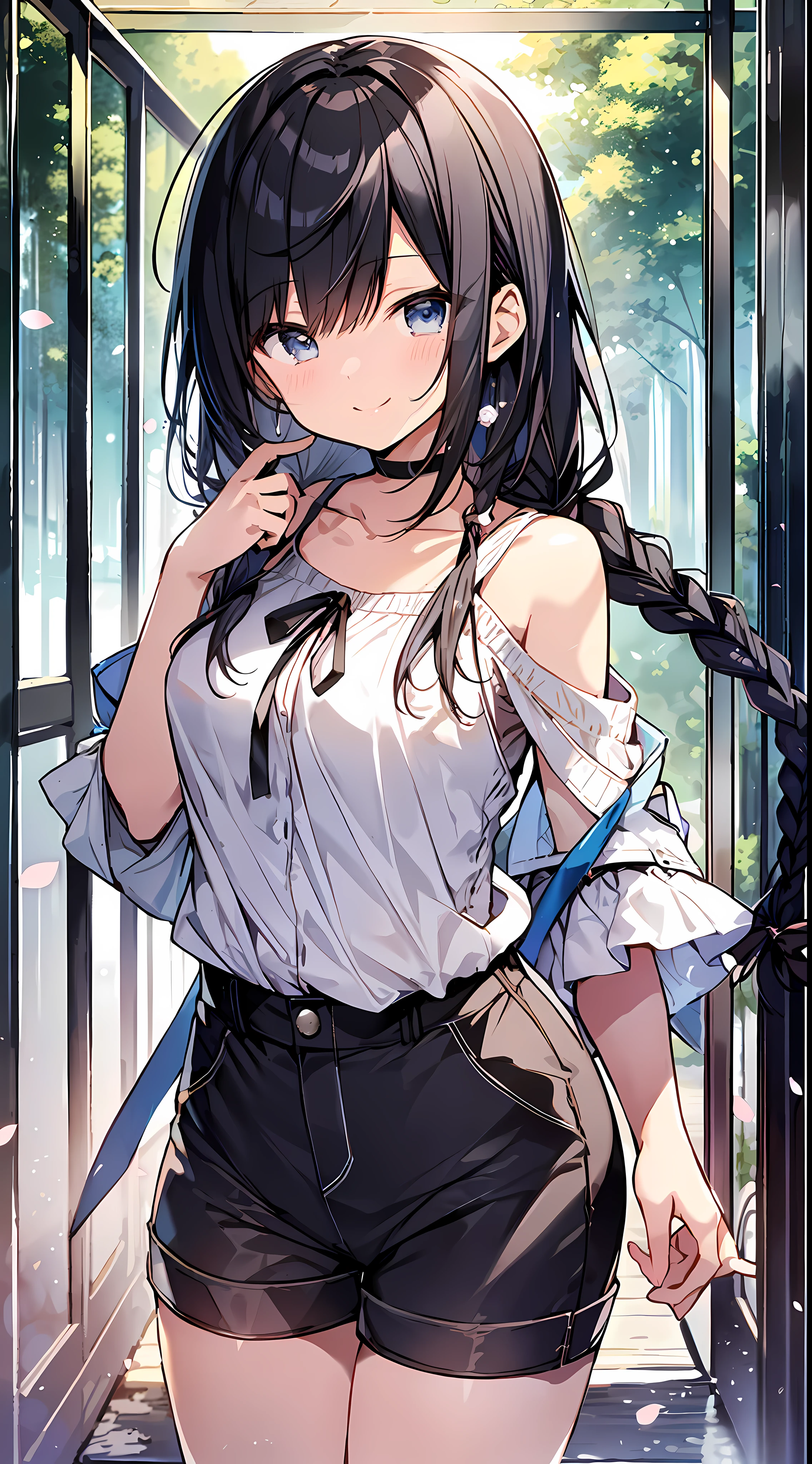 BEST QUALITY、masterpeace、Ultra High Res、8ｋ、((Spring clothes、shirts、shortpants))、Shoujo manga style loli、 1 person、Soft lineart、Digital Enhancement、A touch of shoujo manga、Shoujo Mangacore、Flowing fabric、crose up、((Hair length to the shoulders and short braids))、Staring at us from the front、Soft drawing、beautiful black hair、Clear eyes、Teasing smile、An ultra-detailed digital anime art、Clear face depiction、Super detailed shoujo manga character art、An ultra-detailed manga style、Highest quality colors、Hand gestures、Angles that can be seen up to your feet、Scenery with nature