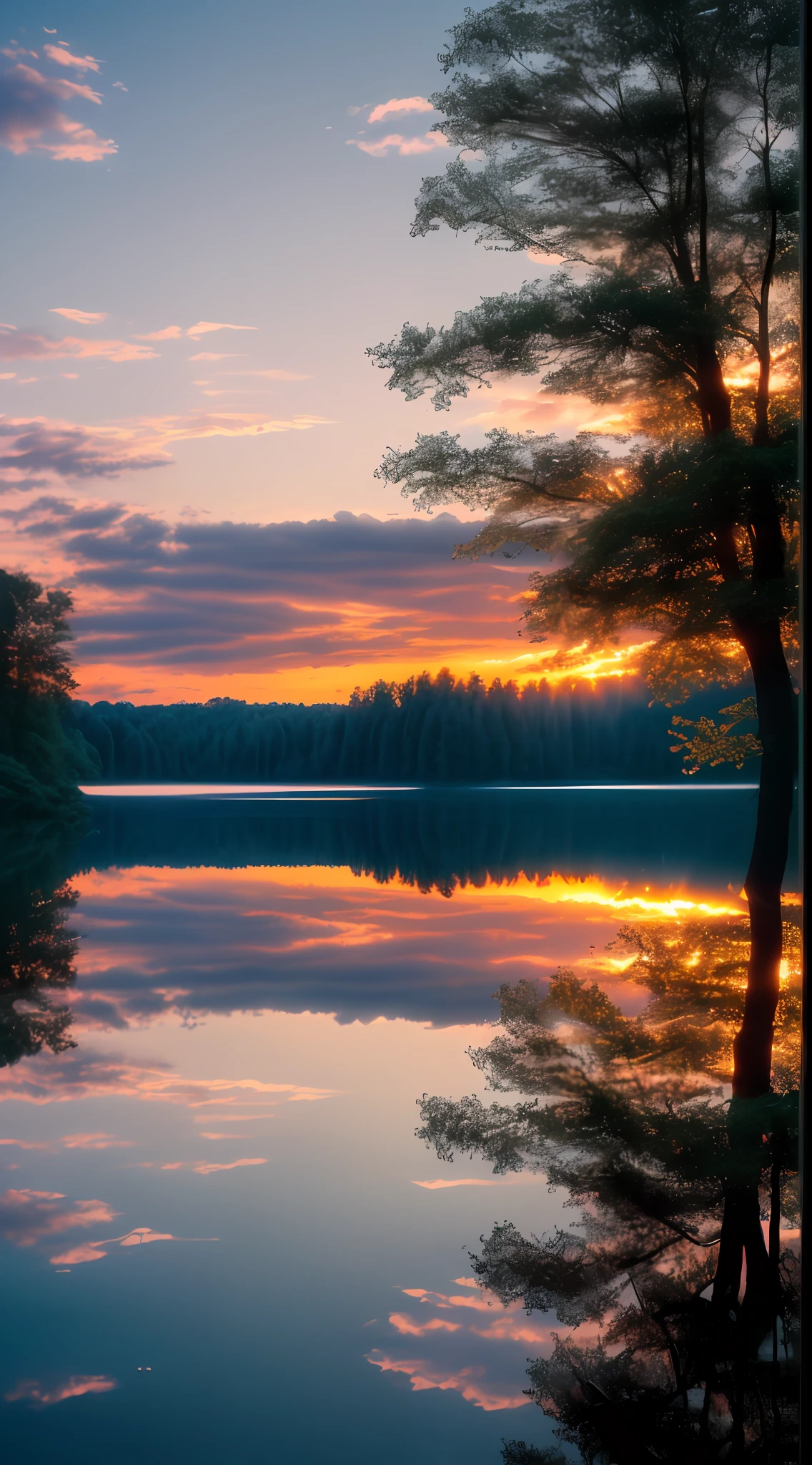 Wallpaper, summer, lake, dawn, forest, clouds, dawn background, depth of field, HD detail, hyperdetail, cinematic, soft light, deep field focus bokeh, ray tracing, diffuse (ultra-fine glass reflection) and realism. --v6
