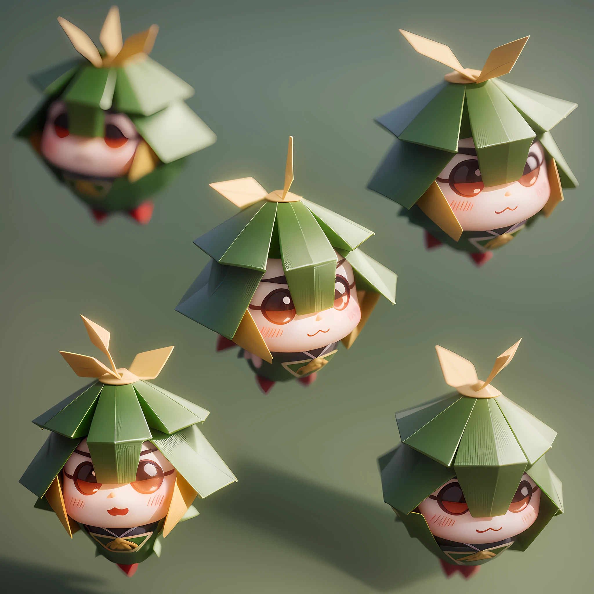 Cute zongzi design, animated,, and 3D modeling. Zongzi has a cute face,Shaped like a triangular prism, with reed leaves surrounding it. --auto --s2