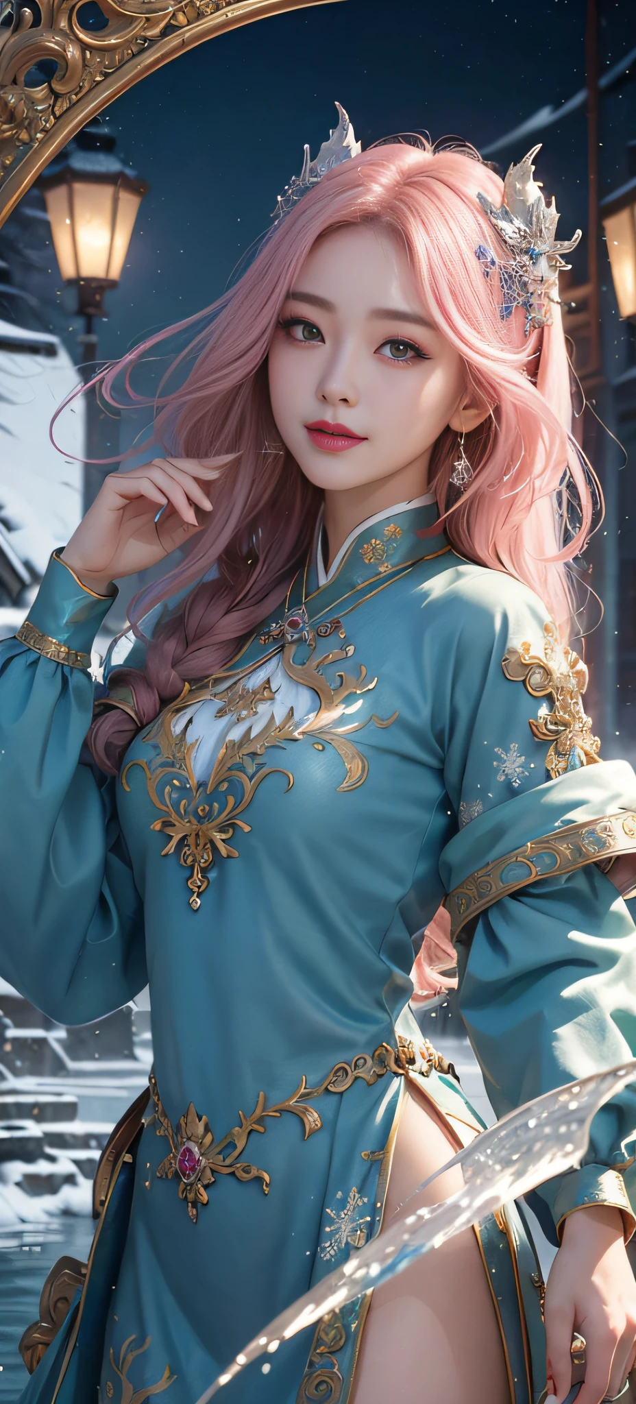 1 girl Girl's masterpiece, high cold Korean makeup, Seductive Korean faces,temperament,smiled,The perfect combination of water and dragon,Snowflakes,lightning , The dragon, and various intricate embellishments,There are luxurious accessories and gorgeous and luxurious and complex Xiuhe Han clothes light pink,A tight face with a tall nose and a tall figure,The picture is real, mixed with conceptual art, Antique and modern are a perfect combination, the picture is dazzling,surround,Radiant,Cumbersome concept art,8K picture quality, best quality and most detailed composition
