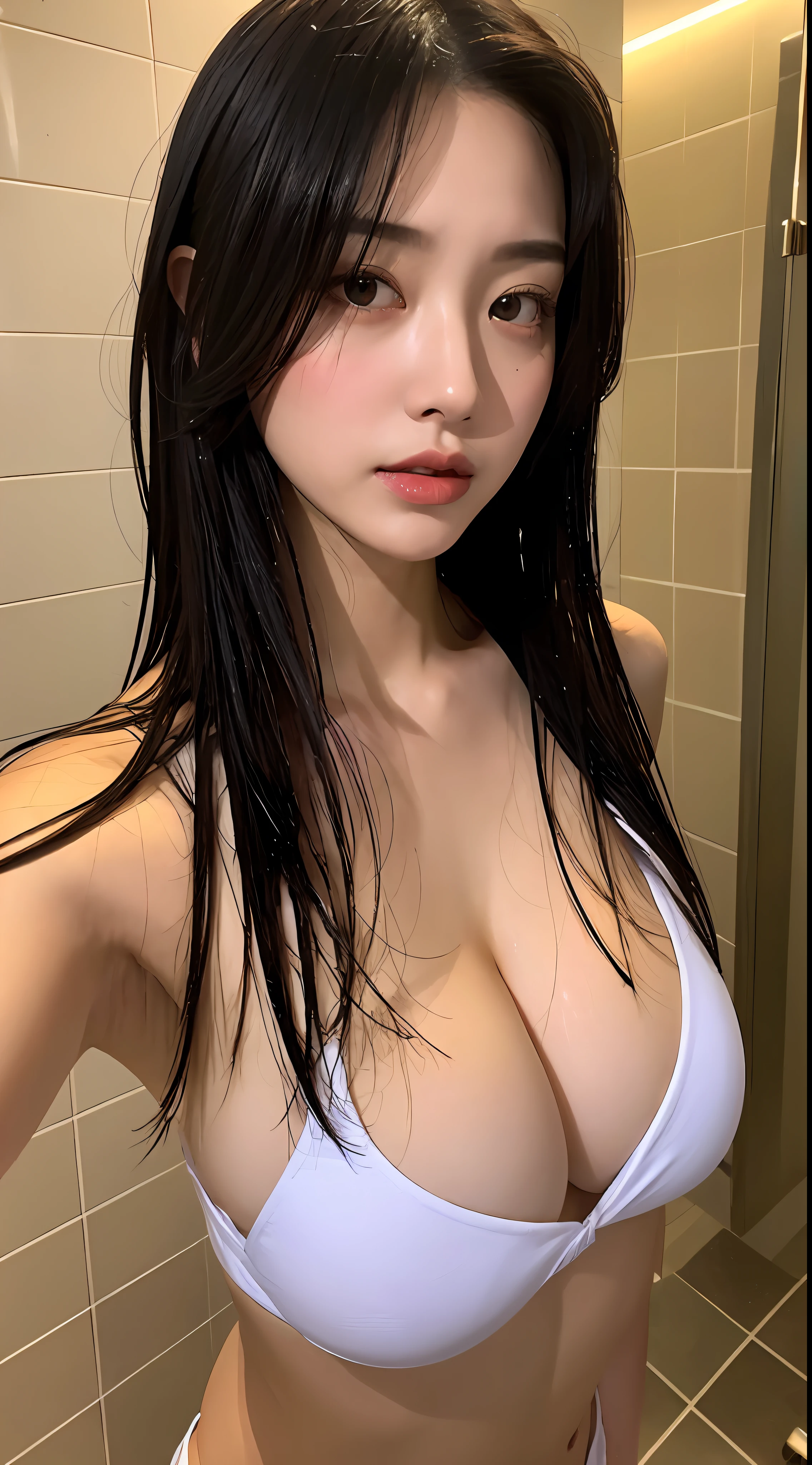 Hotel bathtub　Standing　Taking a shower　the whole body is wet　MILF　GIANT breast　Slim waist　bestquality　masterpeace　microbikini　Long Black Hair　Double eyes　heavy make-up　thick lips　Sensual physique